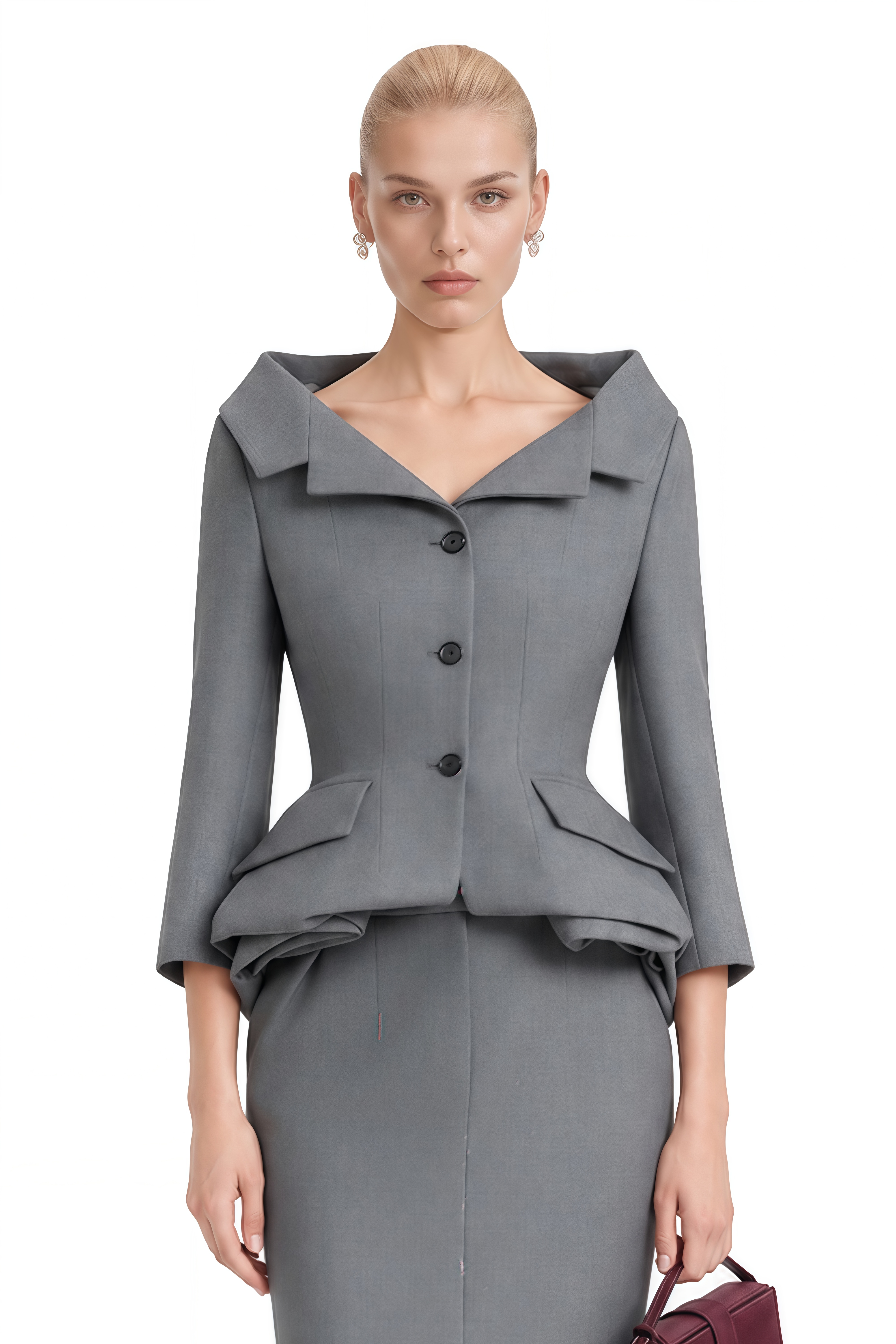 Coco Grey Notched Lapel Ruffled Blazer & Skirt Set