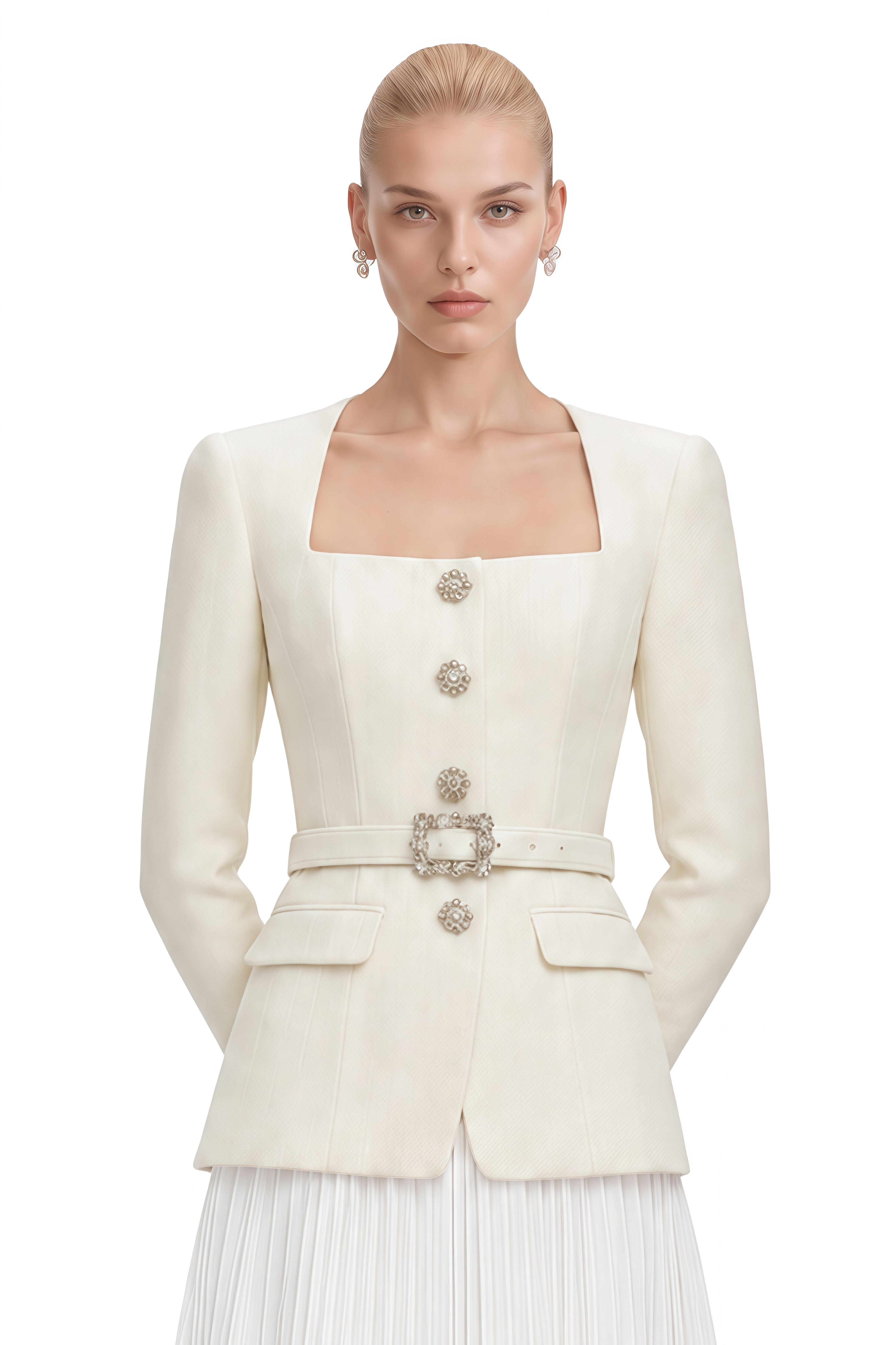 Lavinia Ivory Embellished Pleated Jacket & Skirt Set