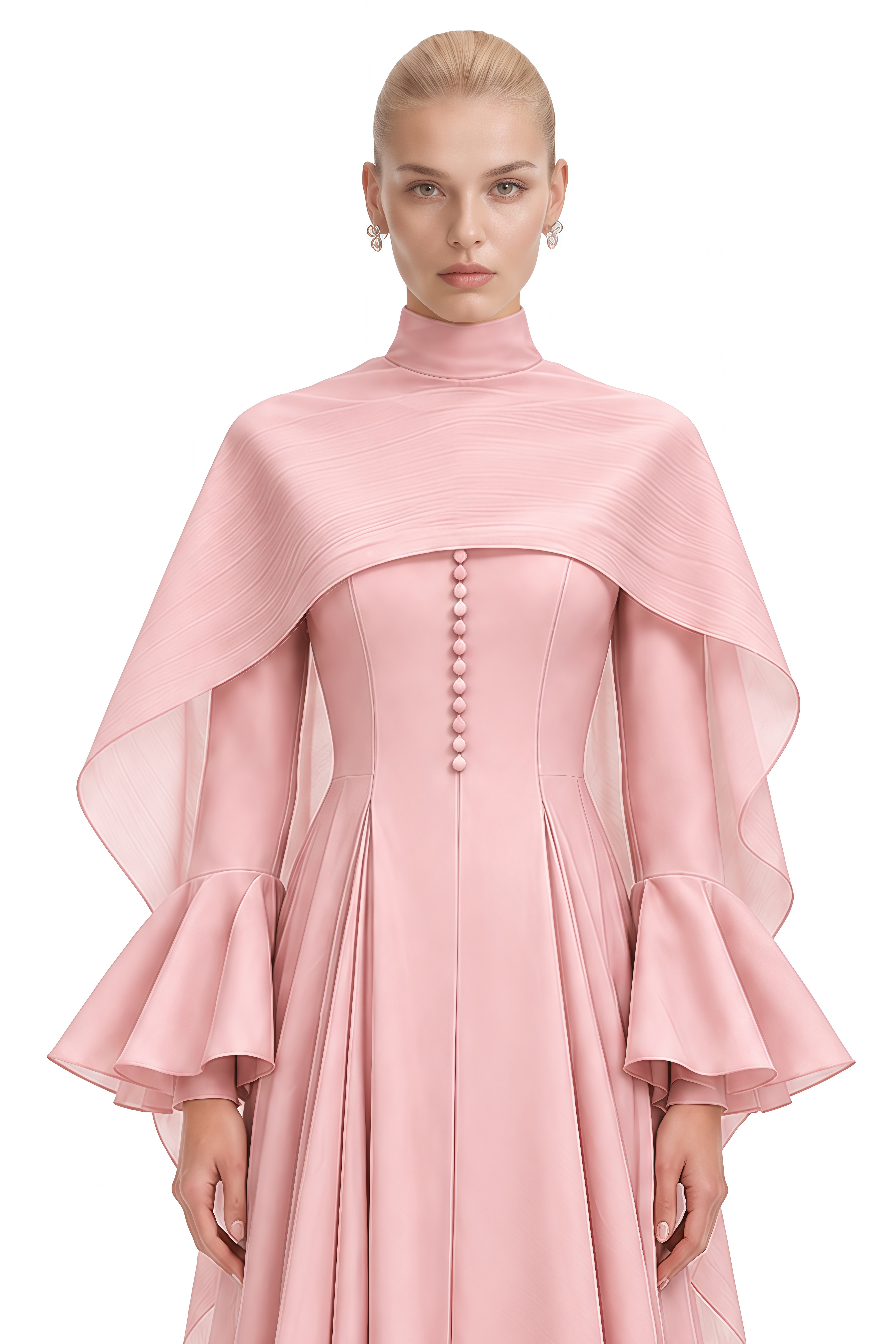 Noelle Pink Cape Design Pleated Maxi Dress