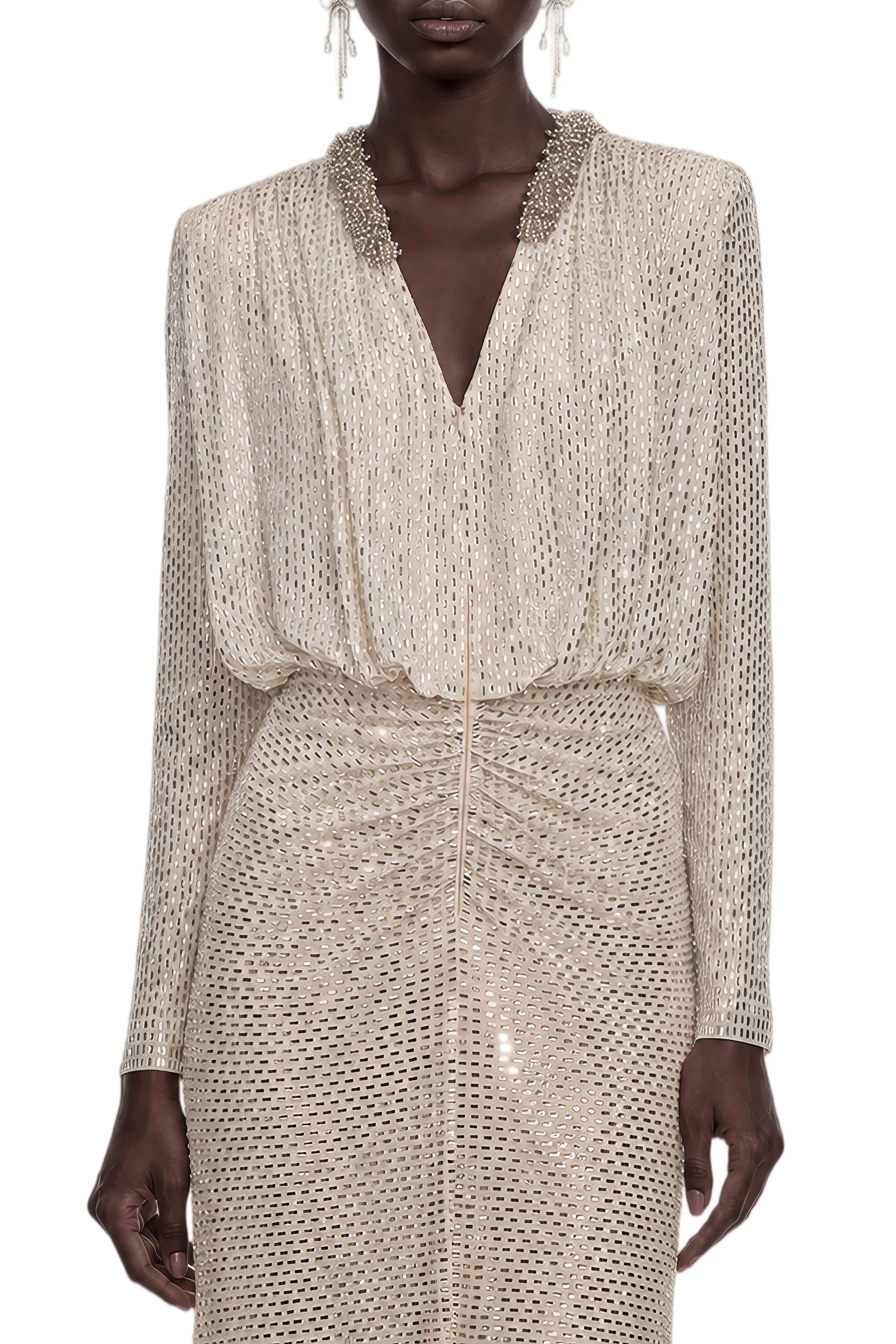 Cecilia Champagne V-Neck Ruched Maxi Dress