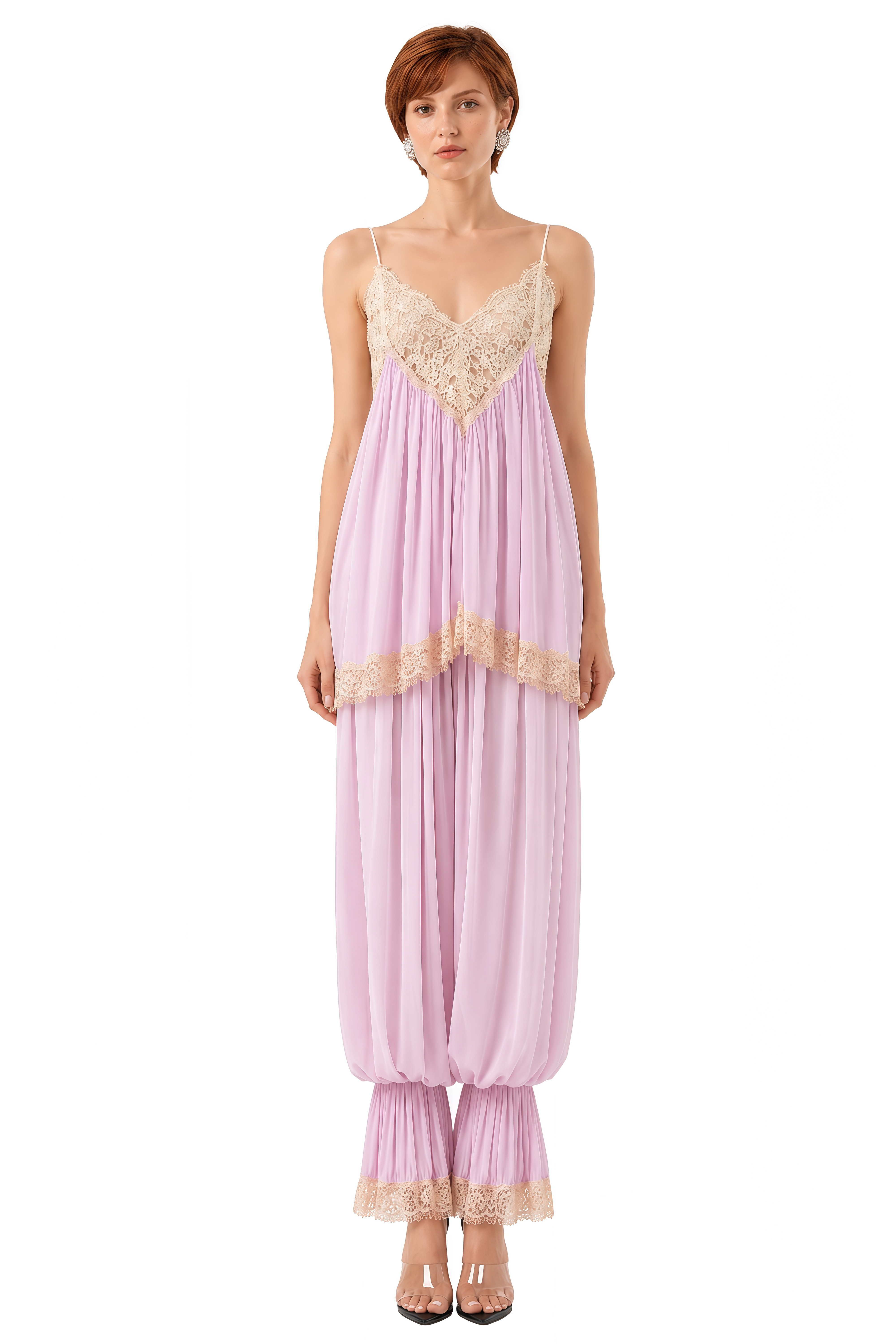 Flora Pink Draped Lace Top & Trousers Set