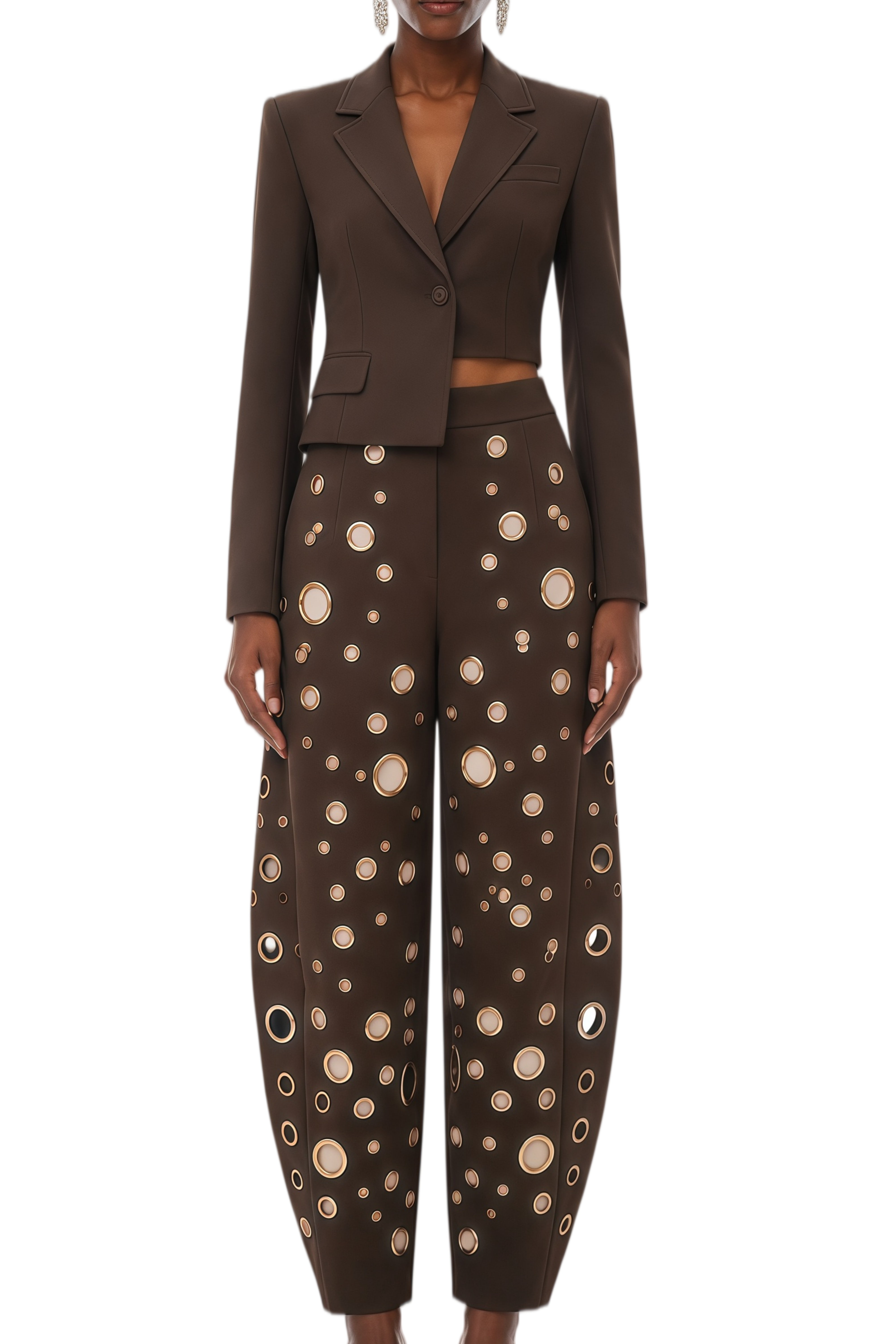 Jennifer Chocolate Brown Asymmetrical Blazer & Eyelet Balloon Trousers Set