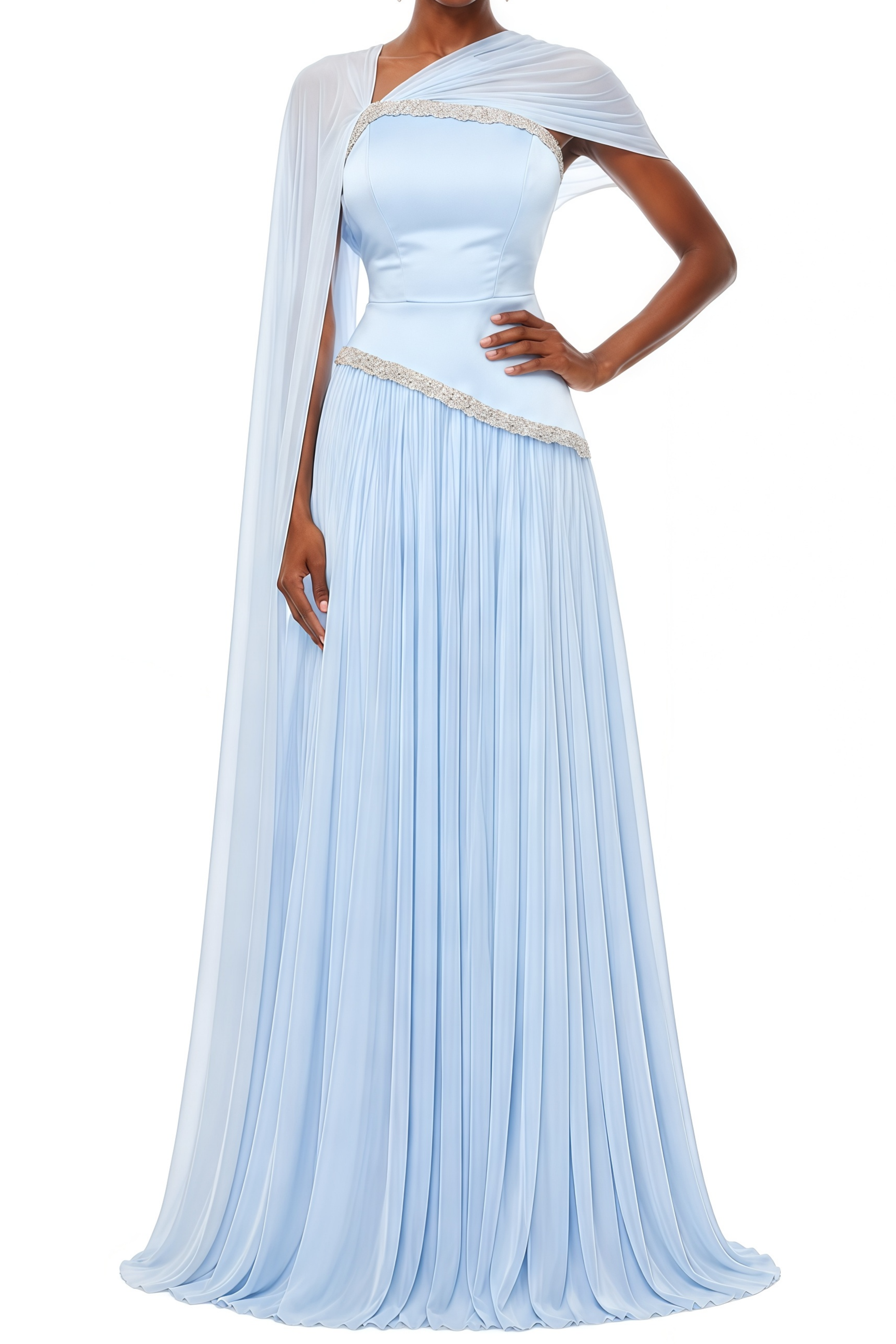 Diana Light Blue Cape Design Pleated Maxi Dress