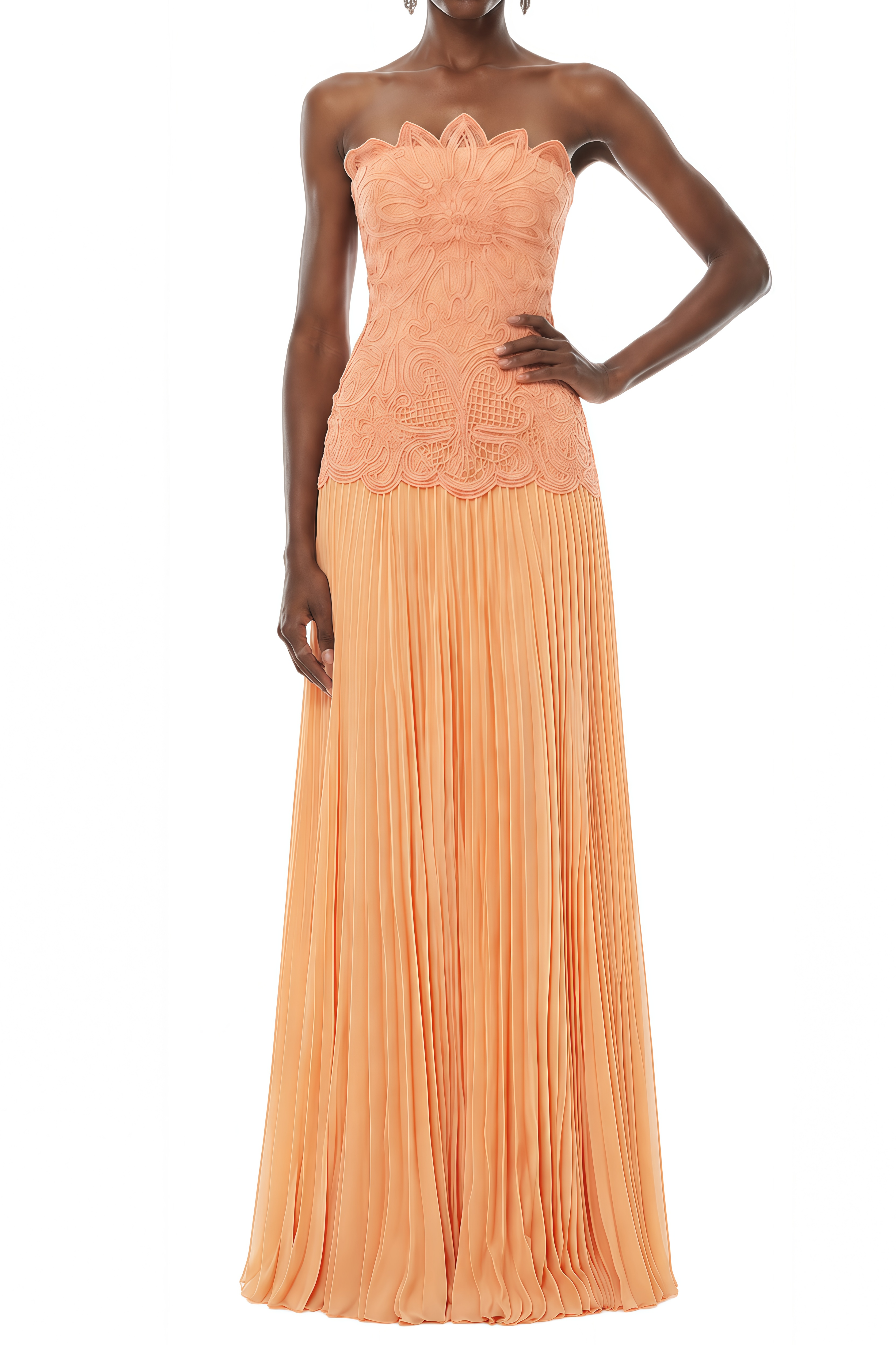Imogen Orange Floral Lace Pleated Maxi Dress