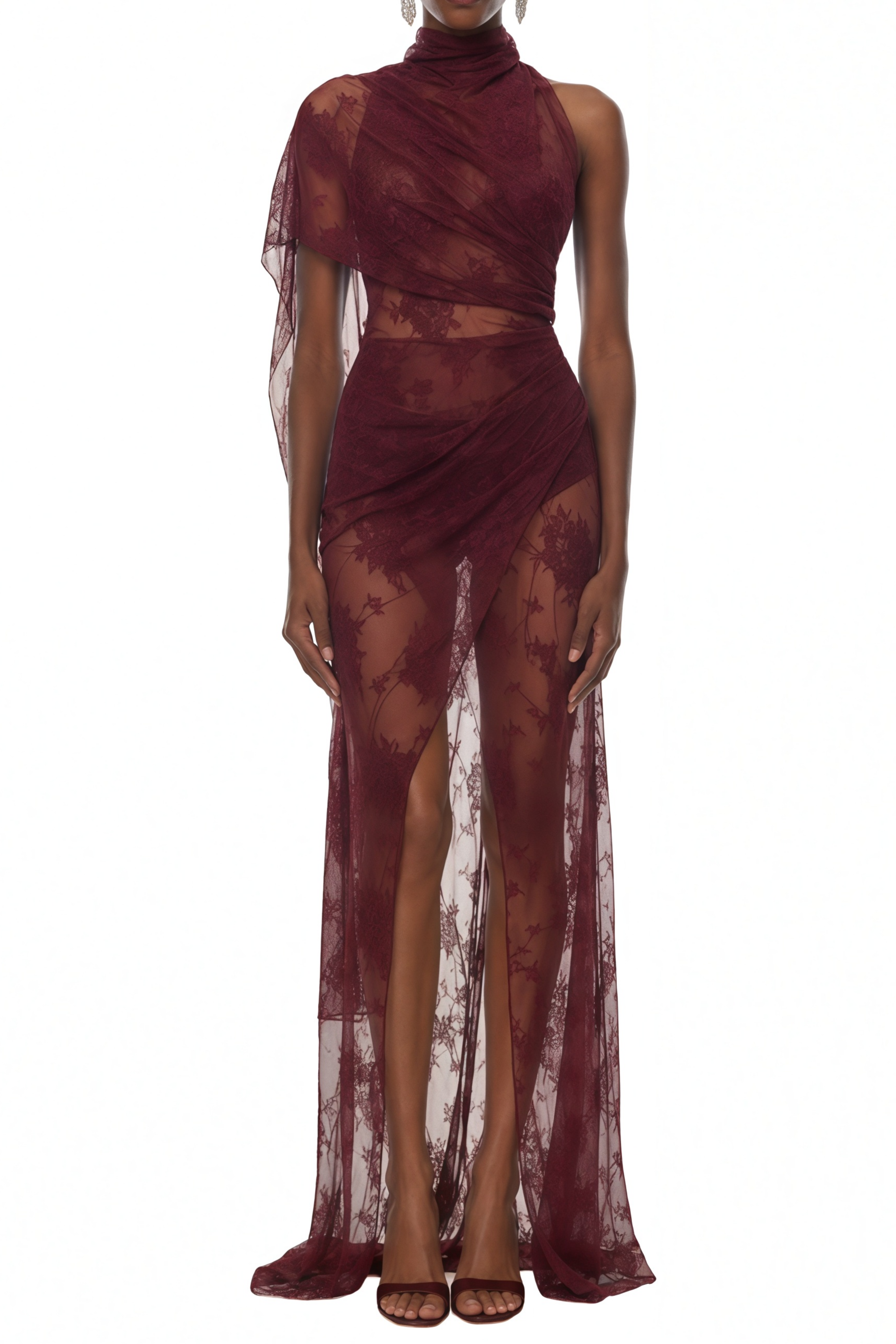 Eloise Burgundy Lace Asymmetrical Maxi Dress