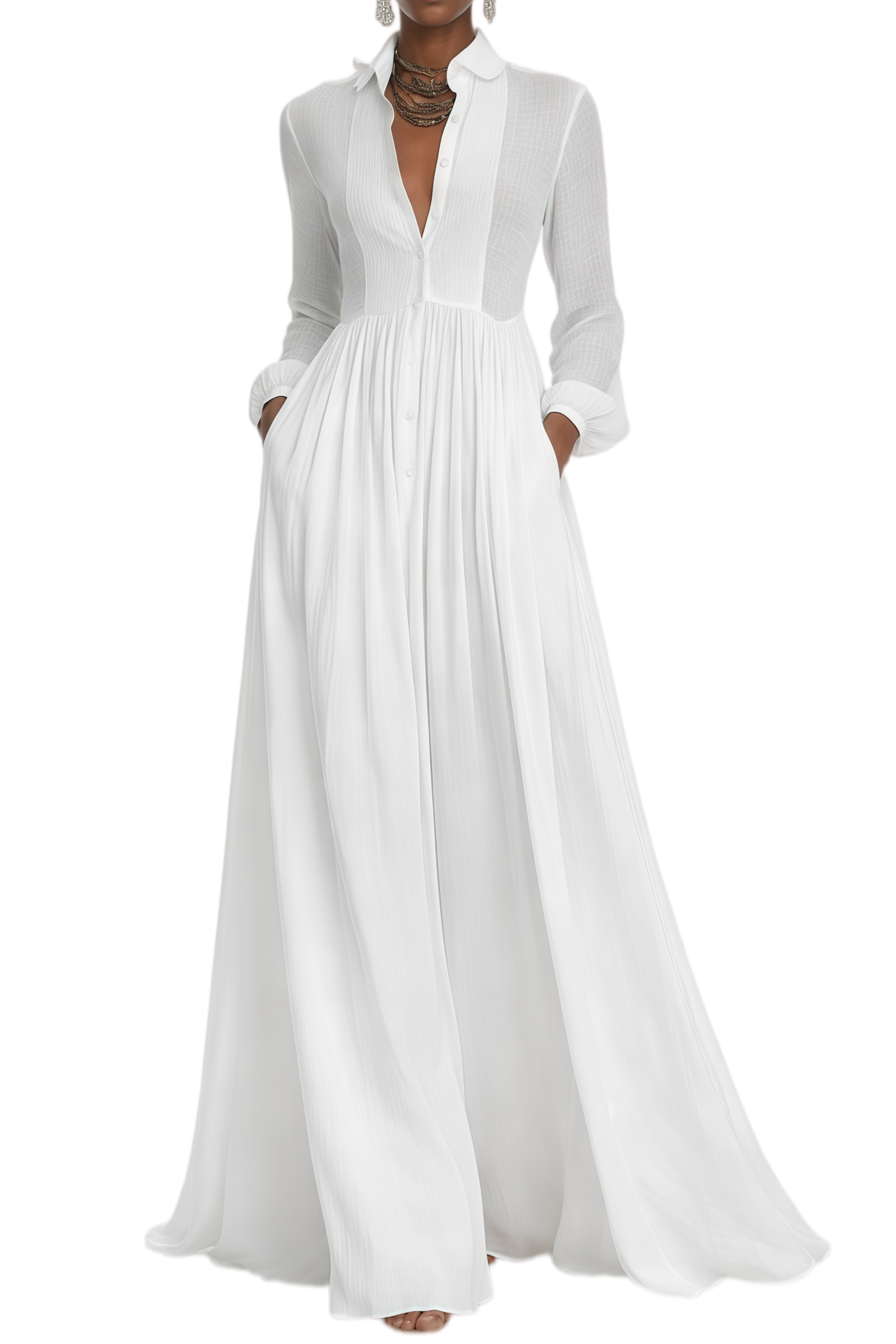 Gemma White Pleated Balloon Sleeve Maxi Dress