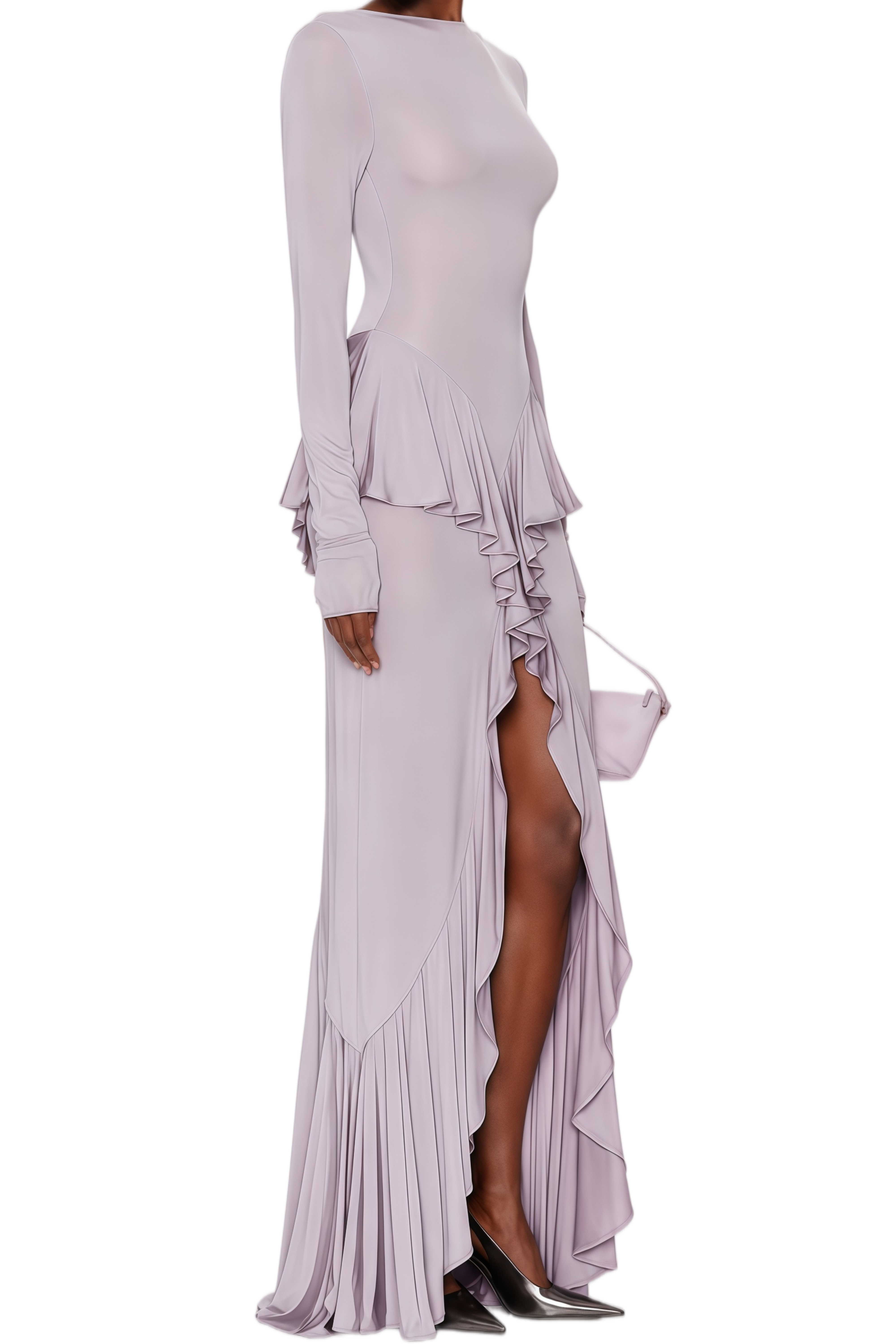 Xenia Purple Maxi Dress With Ruffle Detail & Front Slit