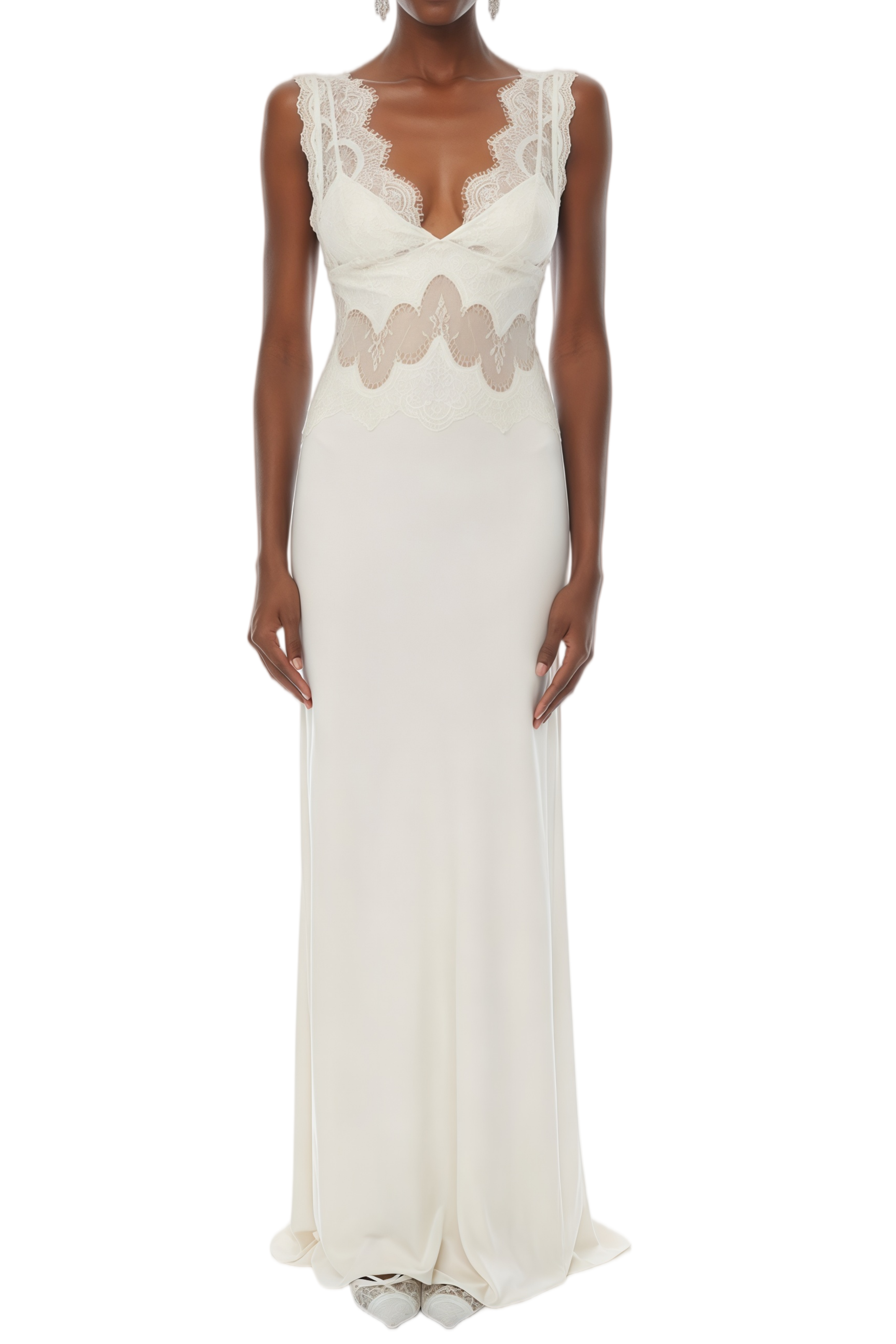 Christine Neutral Satin Lace Panel Maxi Dress