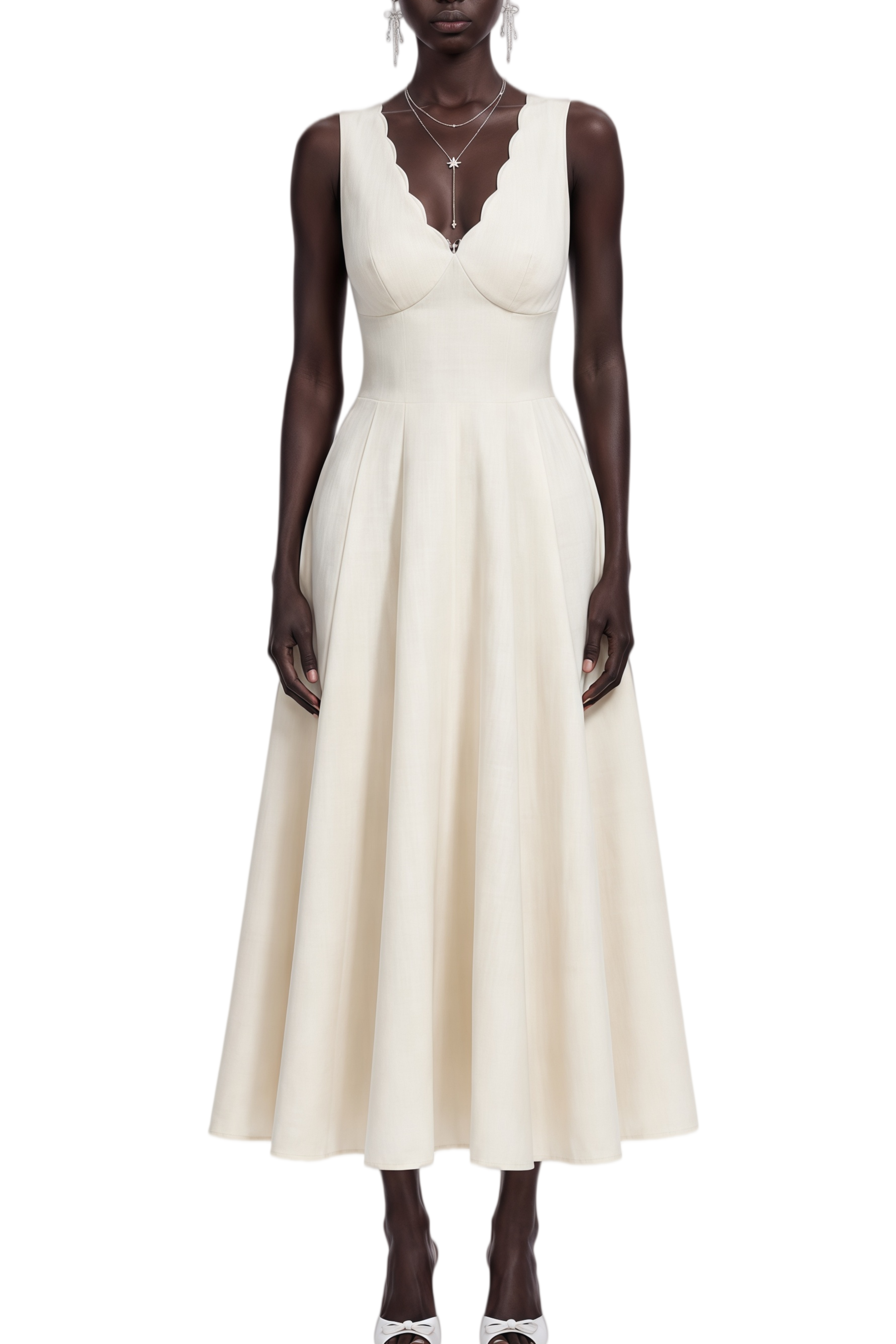 Nora White Asymmetrical Neckline Pleated Midi Dress