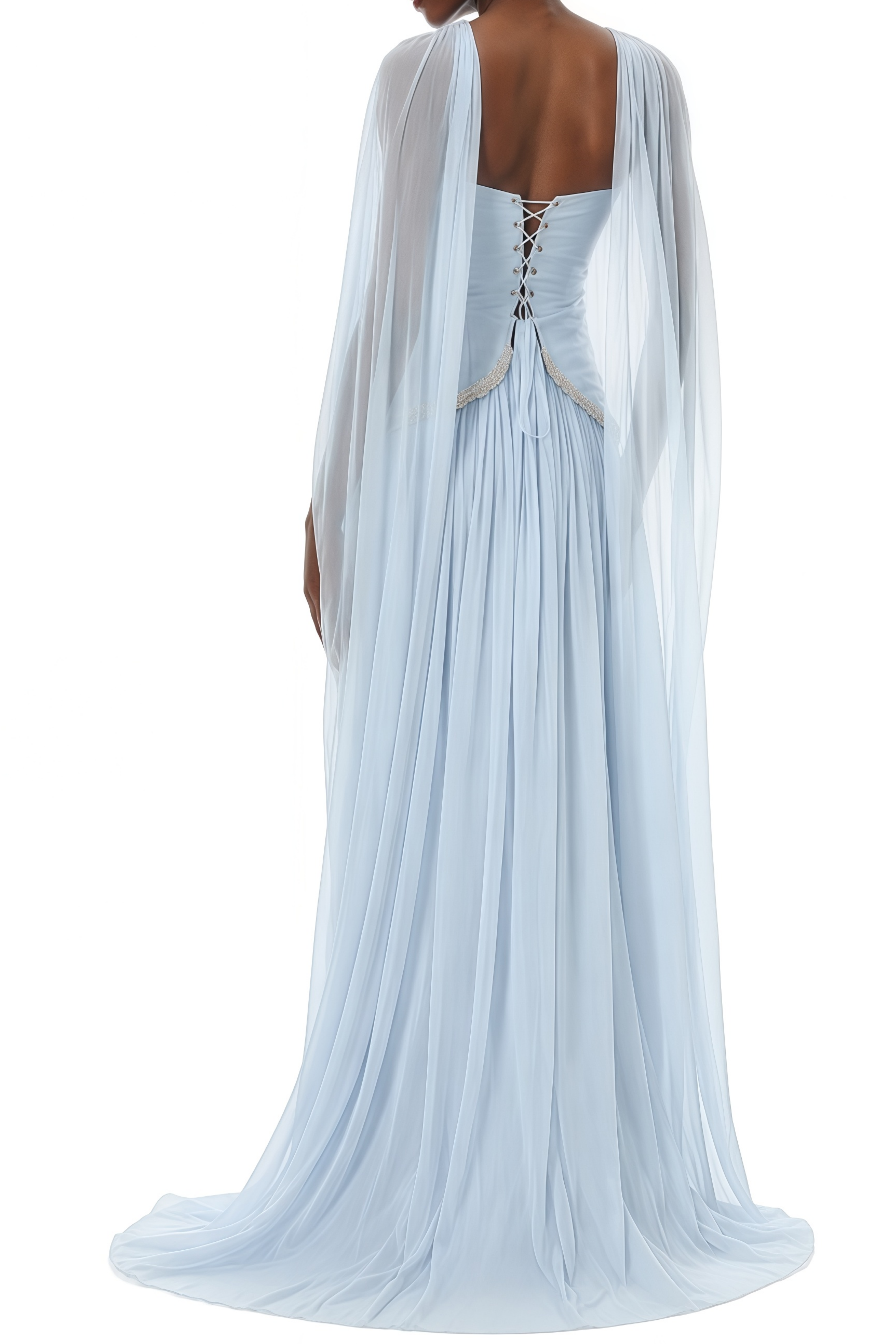 Diana Light Blue Cape Design Pleated Maxi Dress