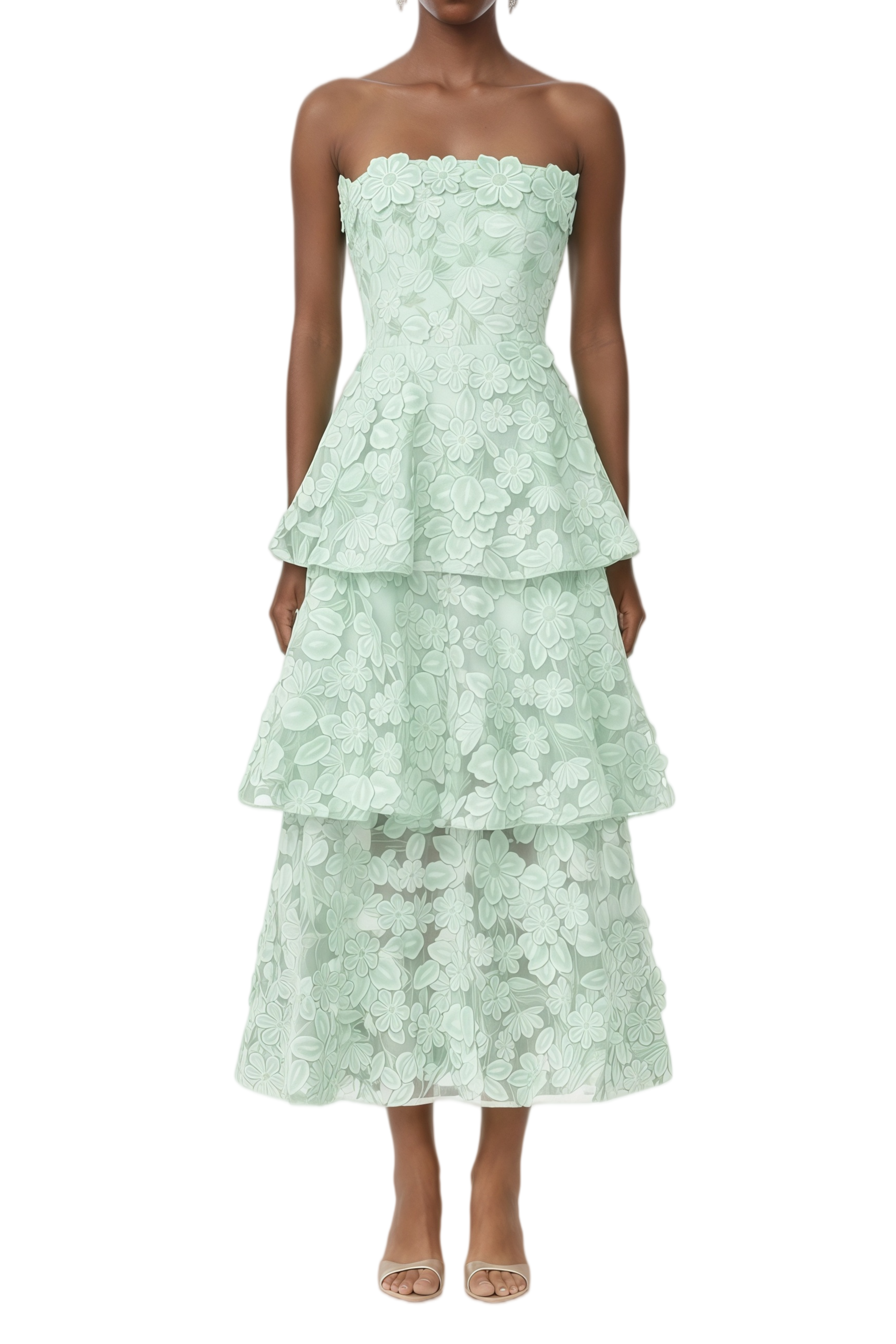 Mildred Mint Green Tiered Appliqué Midi Dress