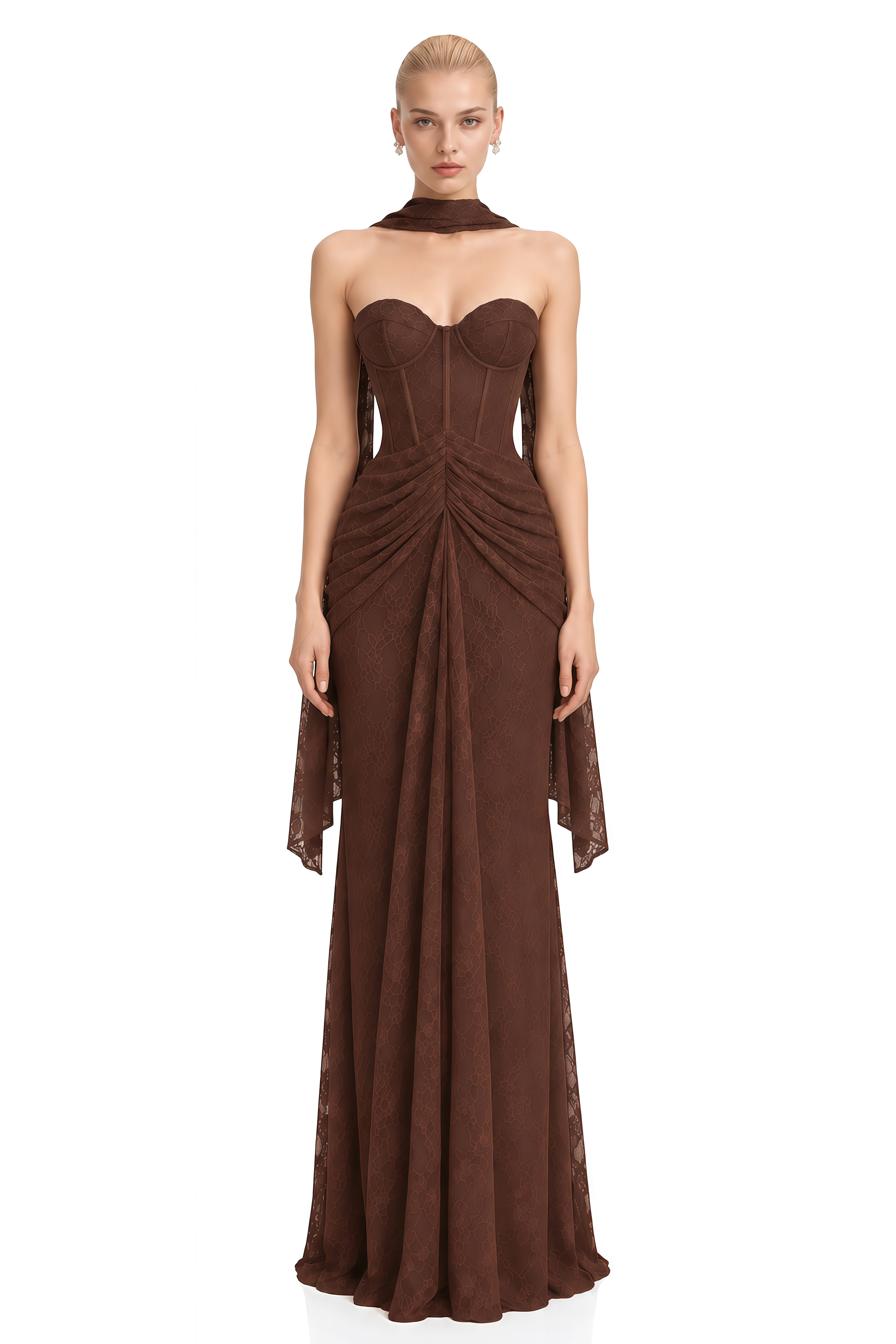 Adeline Brown Strapless Sweetheart Neck Maxi Dress