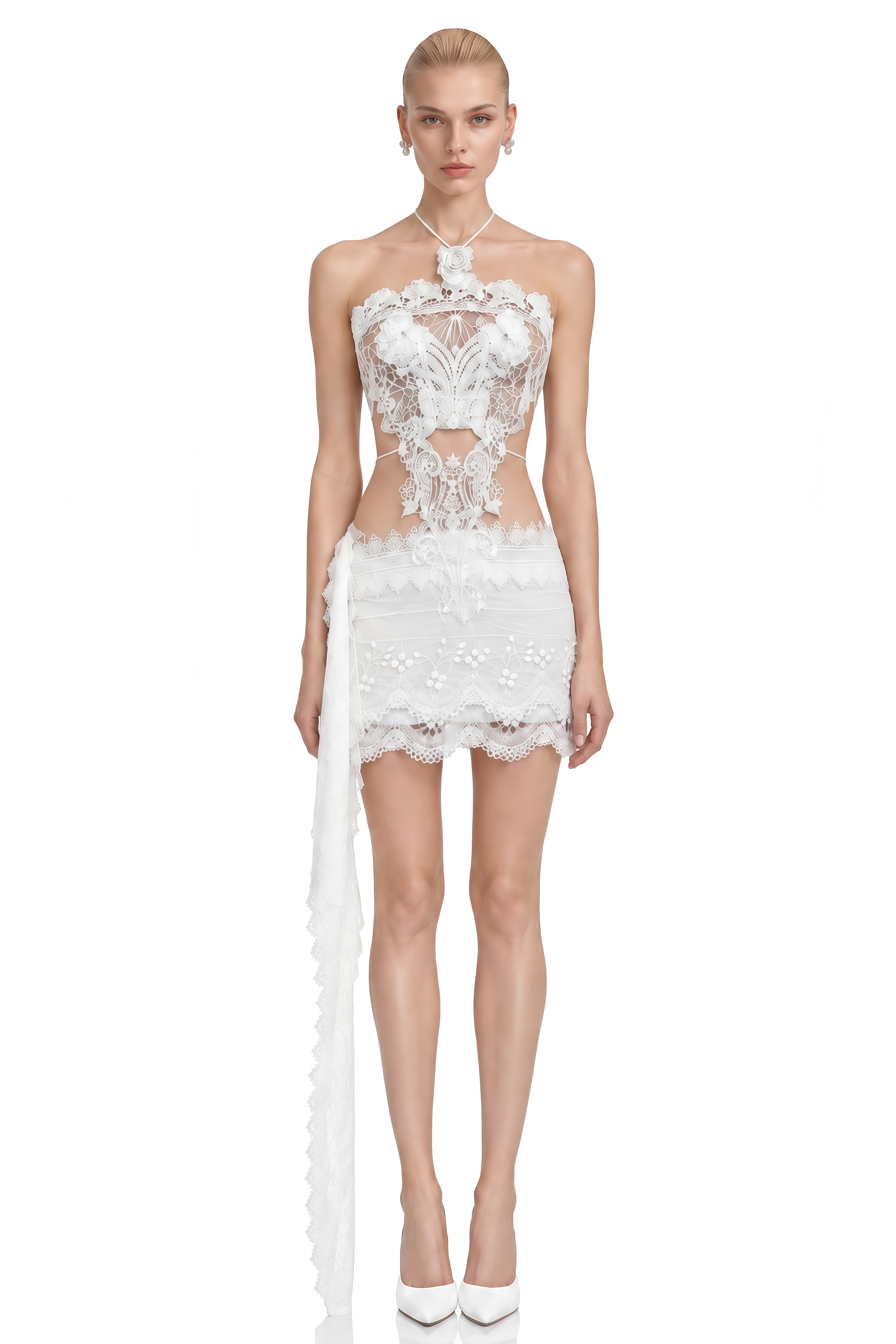 Daphne White Halterneck Lace Top & Skirt Set