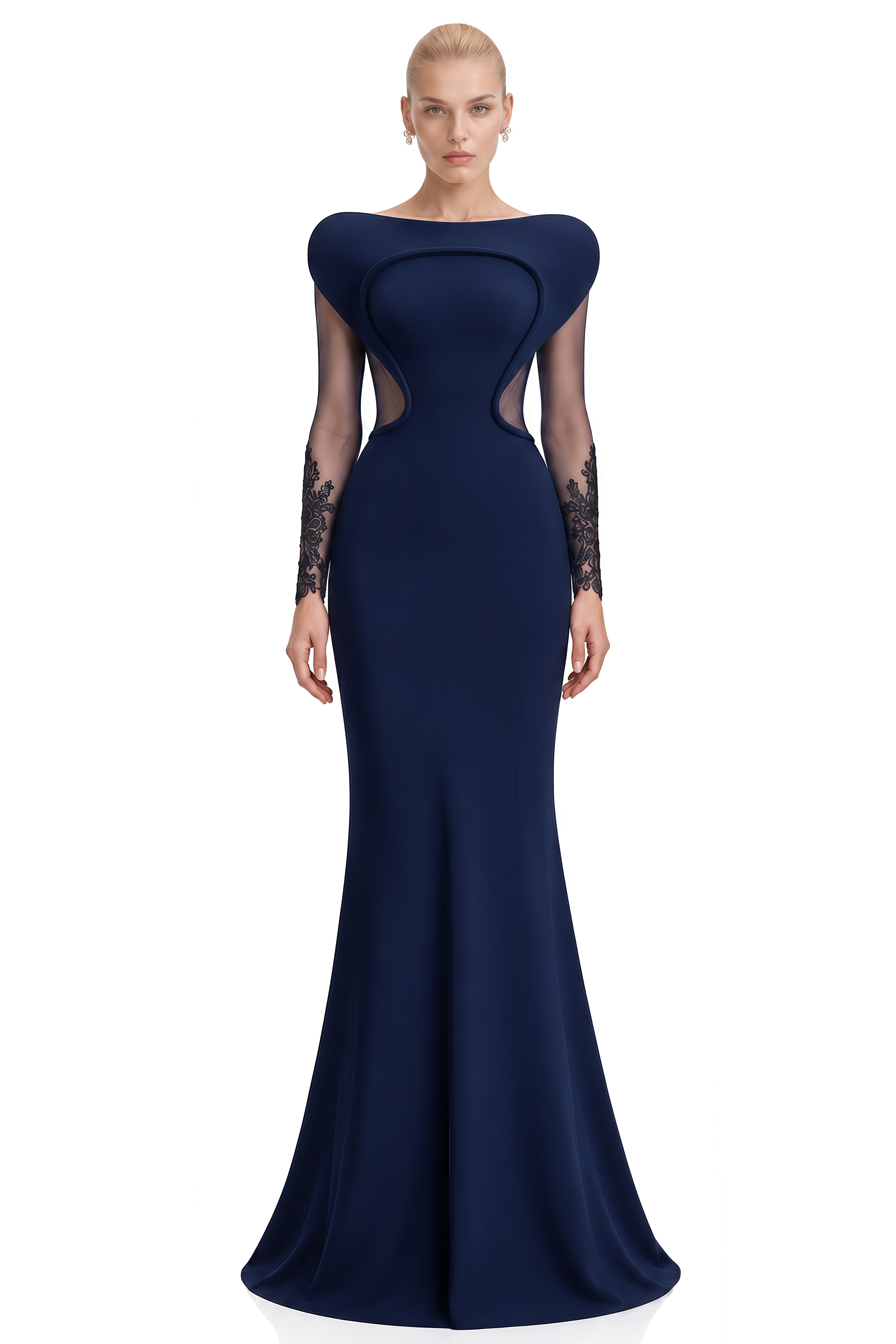 Anaïs Navy Sheer Sleeves Flared Maxi Dress