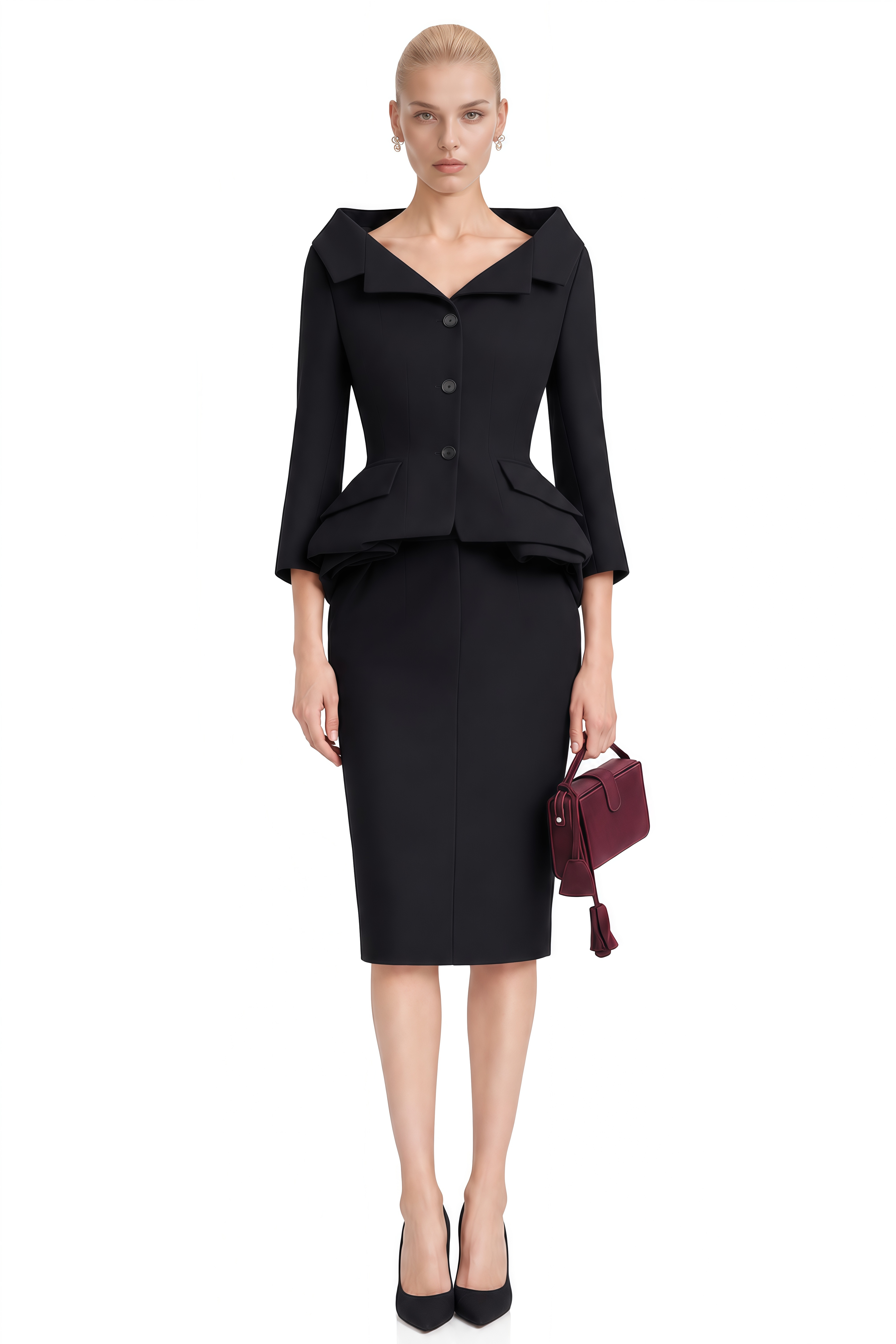 Coco Black Notched Lapel Ruffled Blazer & Skirt Set