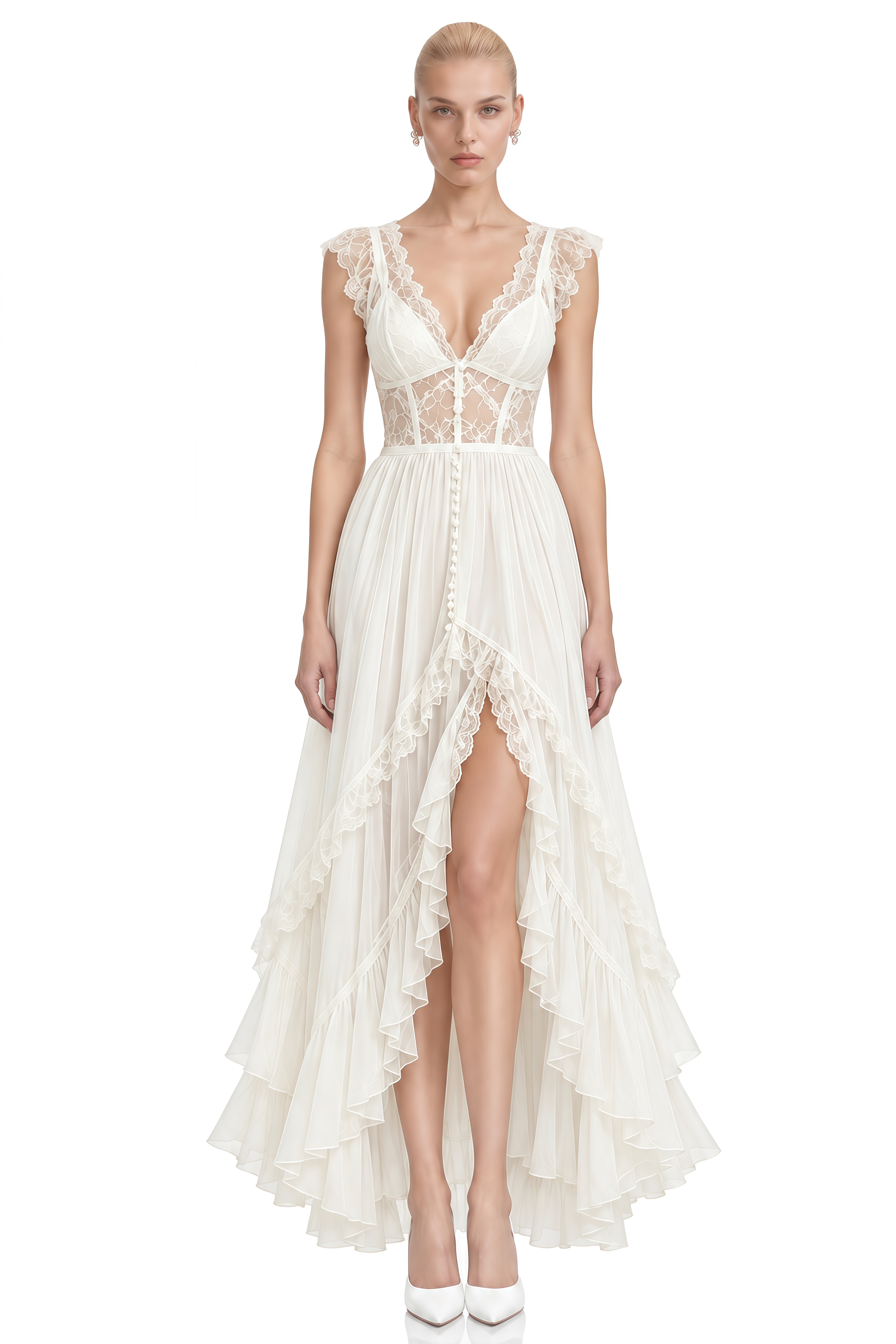 Mimi Ivory Lace High-Low Hem Maxi Dress