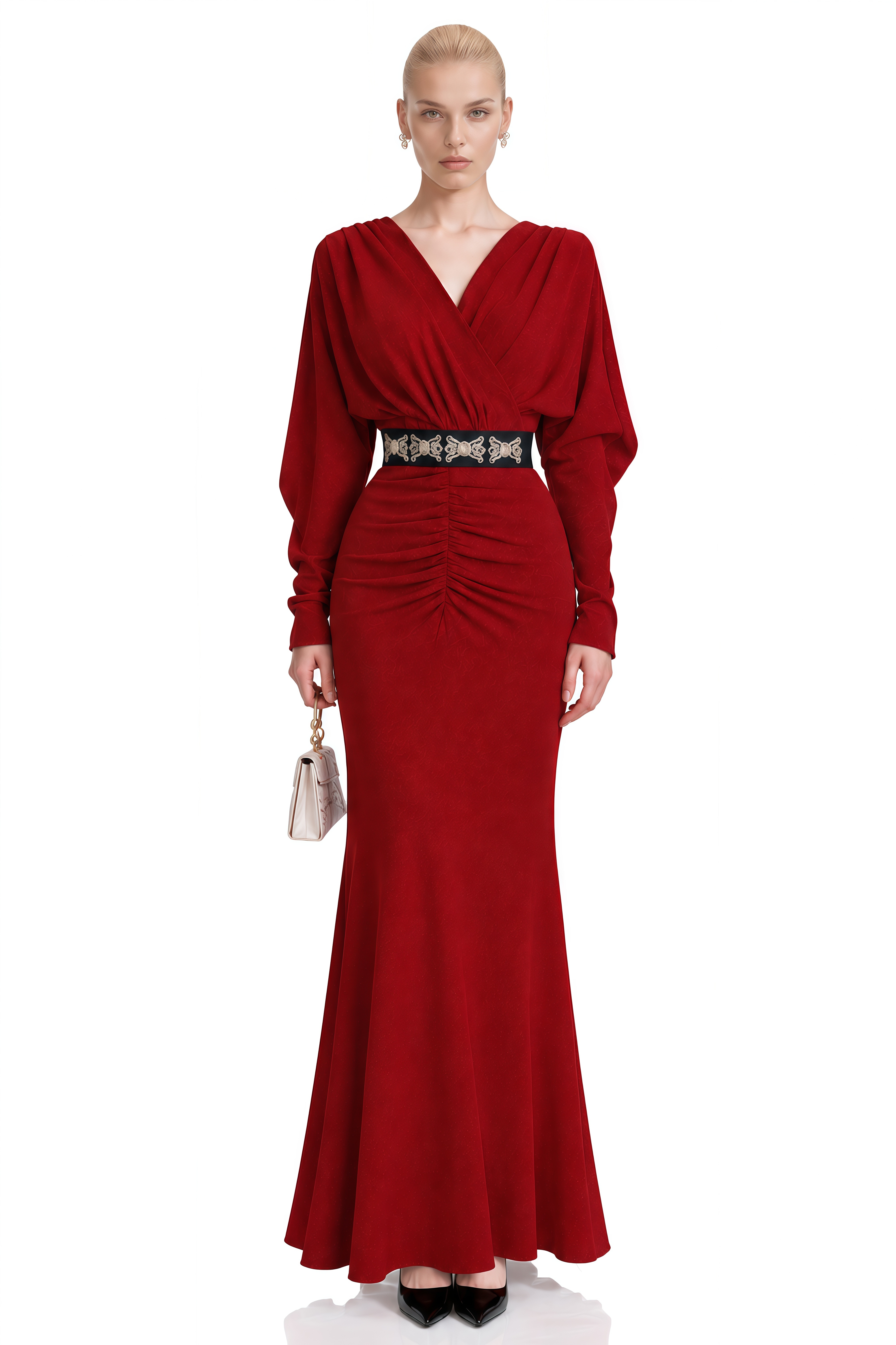 Genevieve Red Long Sleeves Ruched Maxi Dress