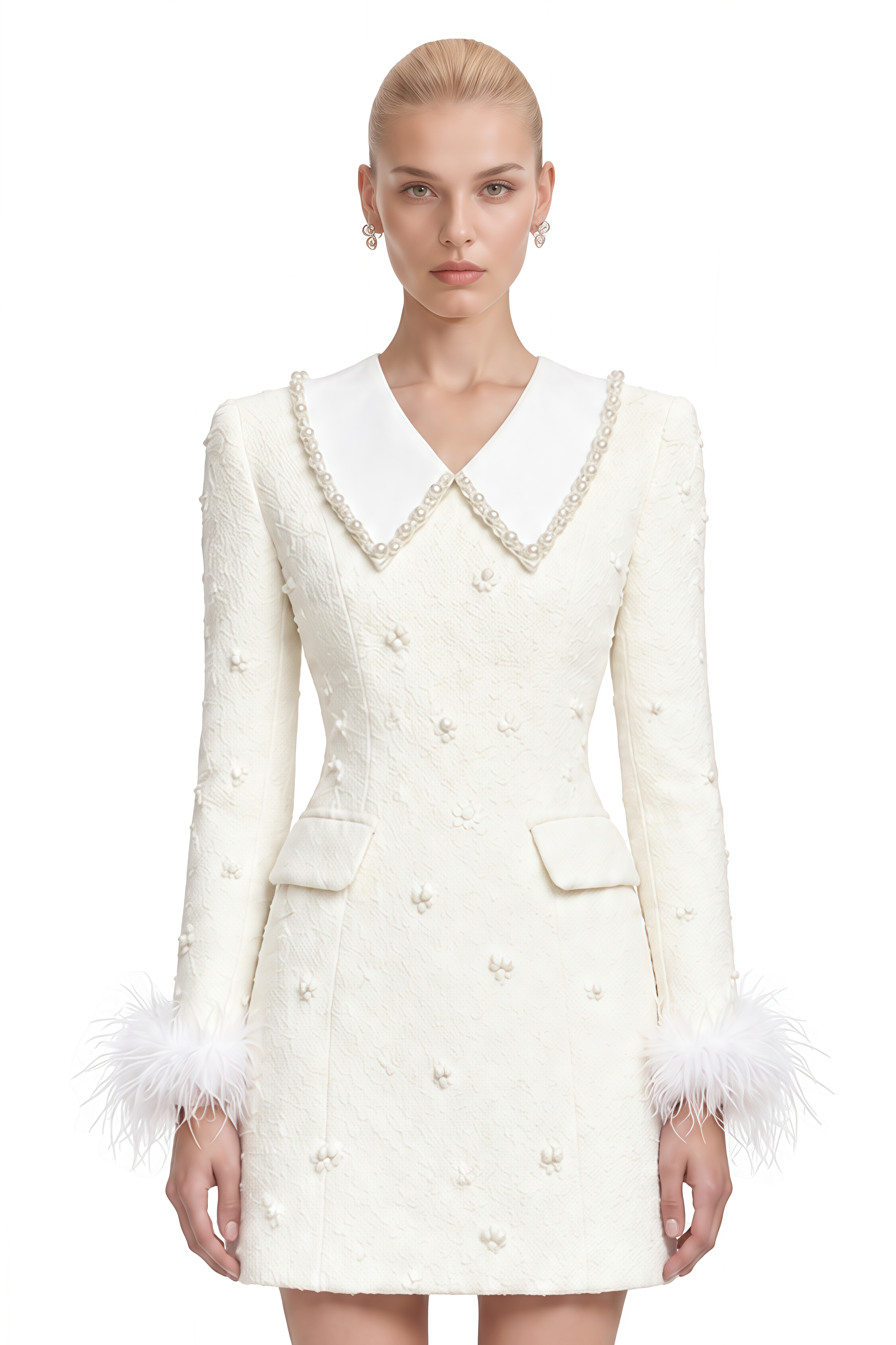 Aurelia White Long Sleeves Feather-Trim Mini Dress