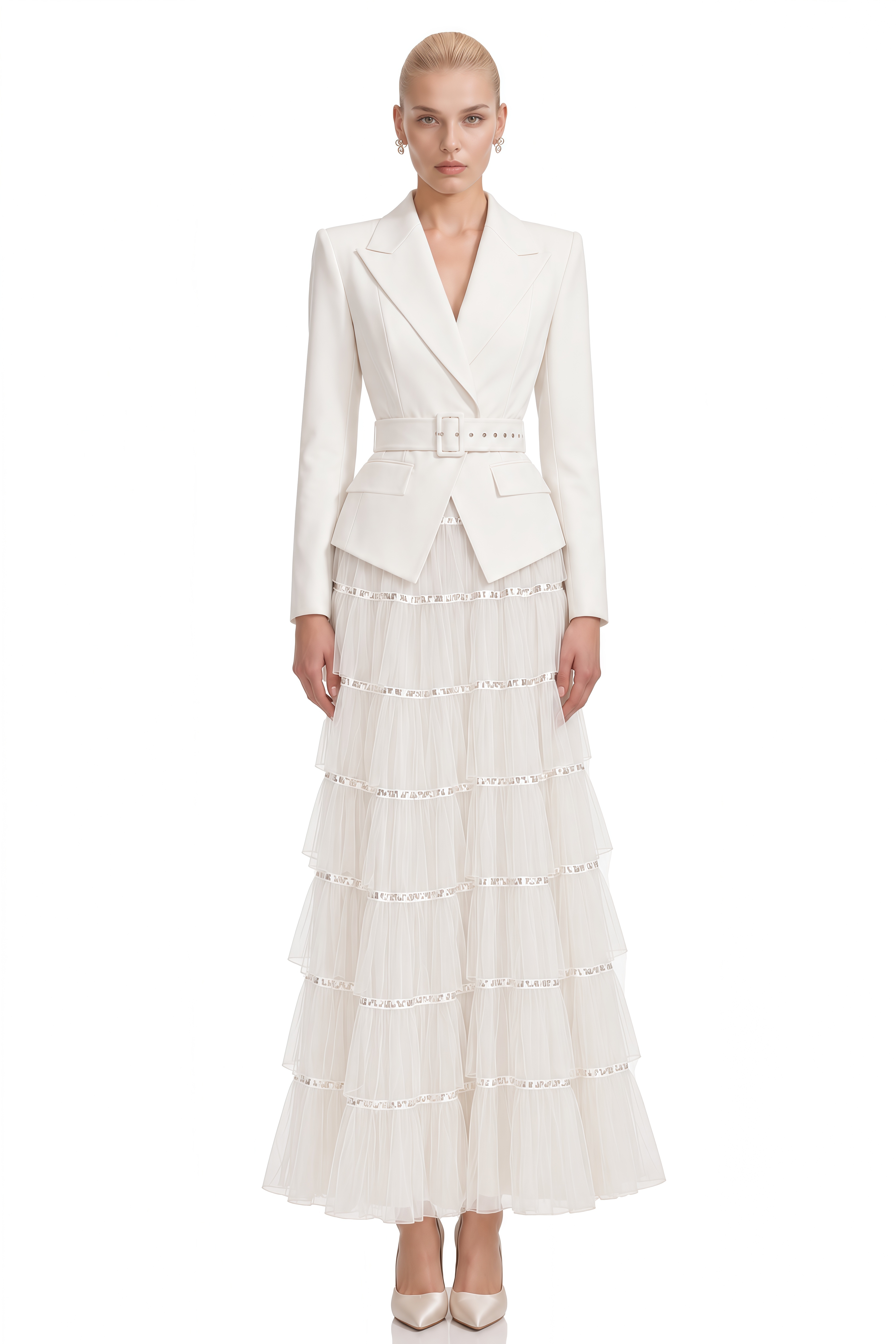 Delphine White Sequin Belted Maxi Dress