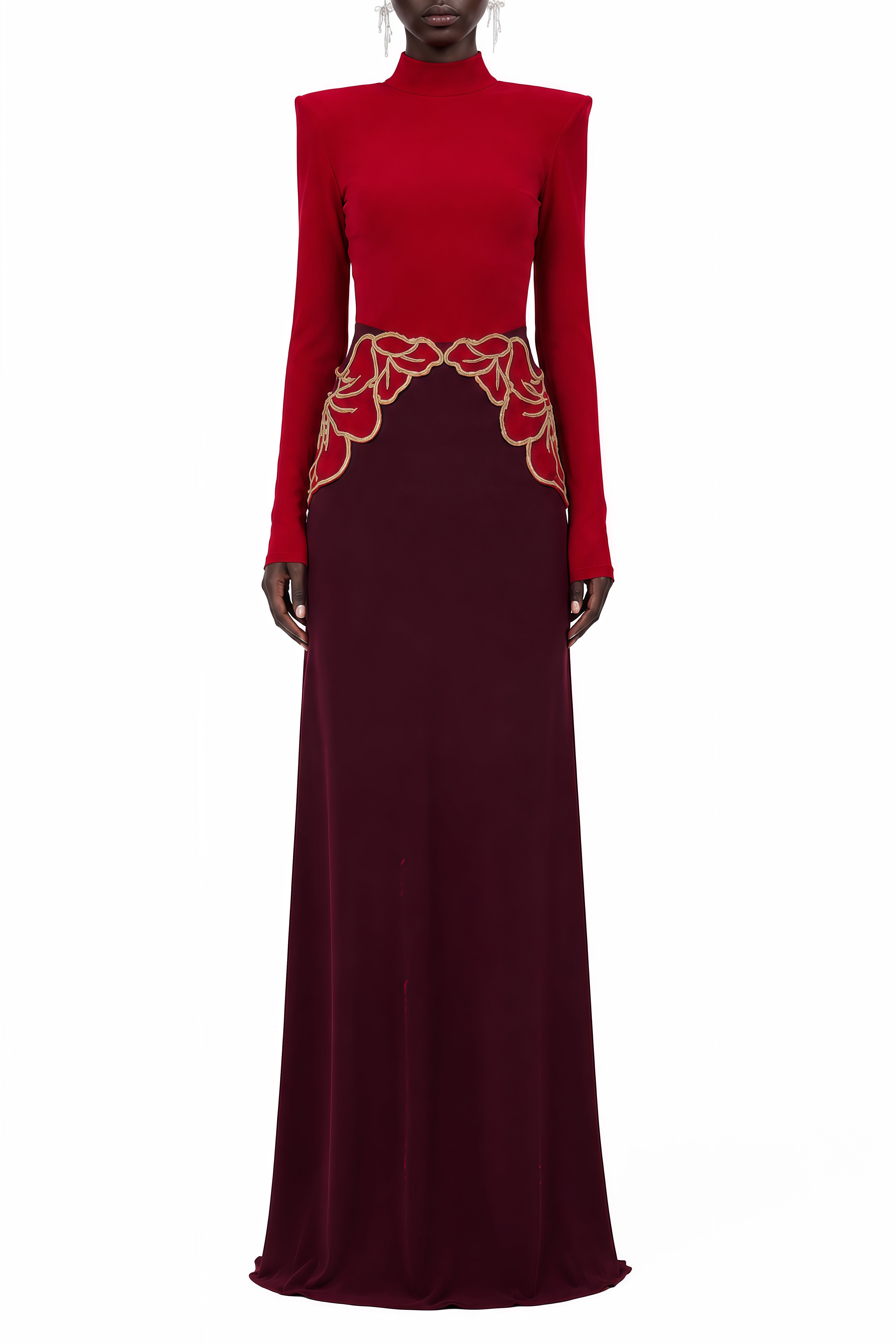 Beatrice Red Turtleneck Floral Embellished Maxi Dress