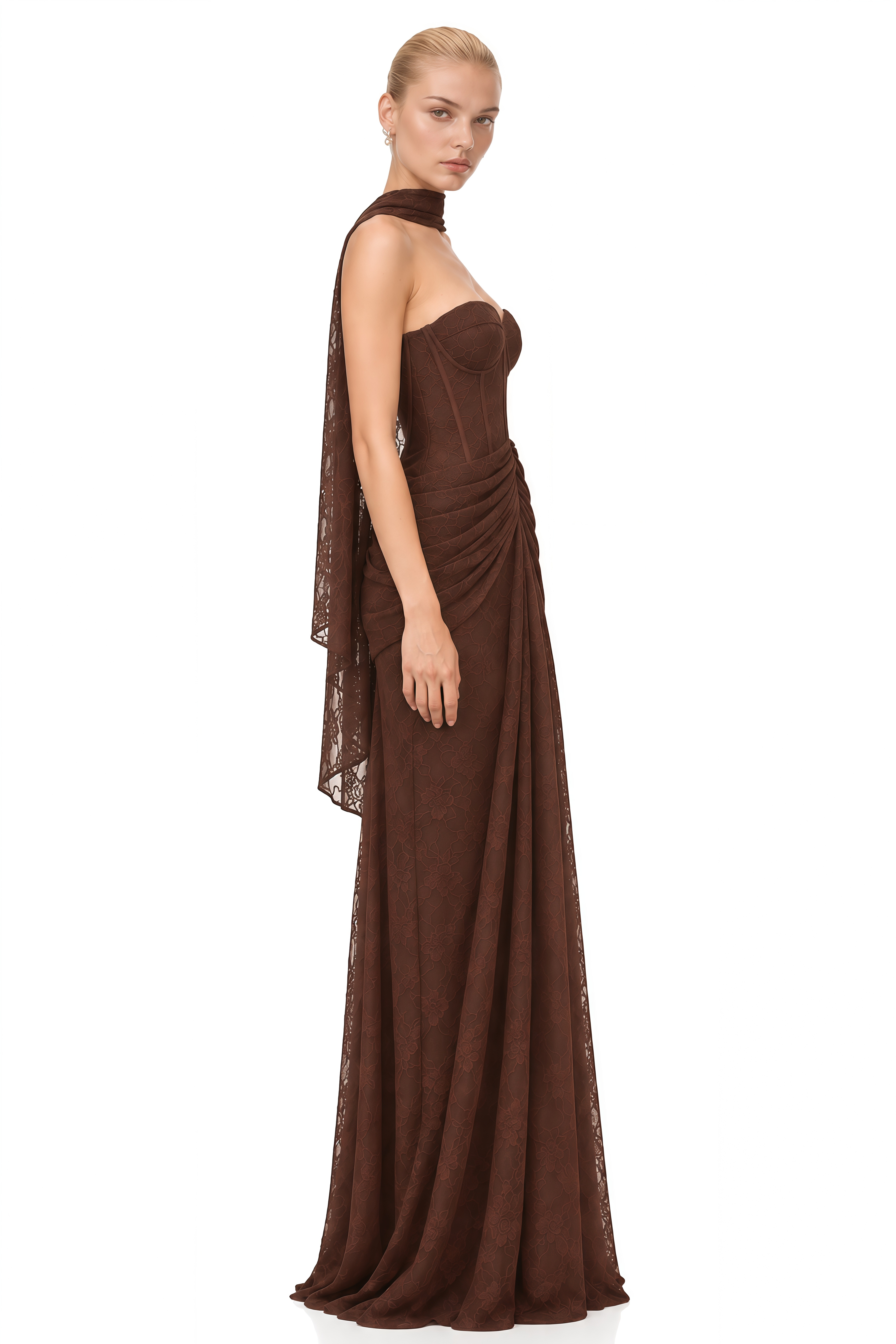 Adeline Brown Strapless Sweetheart Neck Maxi Dress