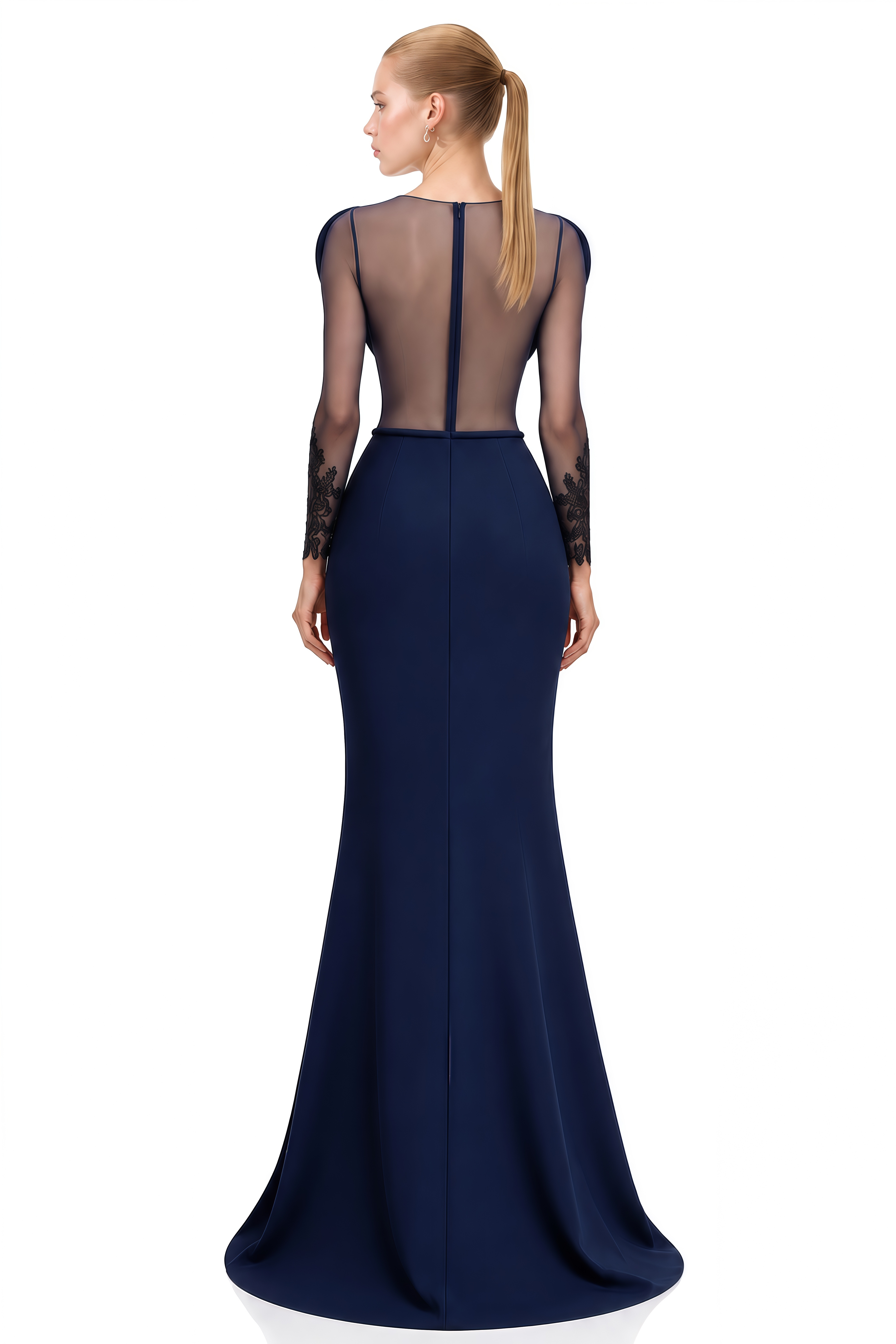 Anaïs Navy Sheer Sleeves Flared Maxi Dress