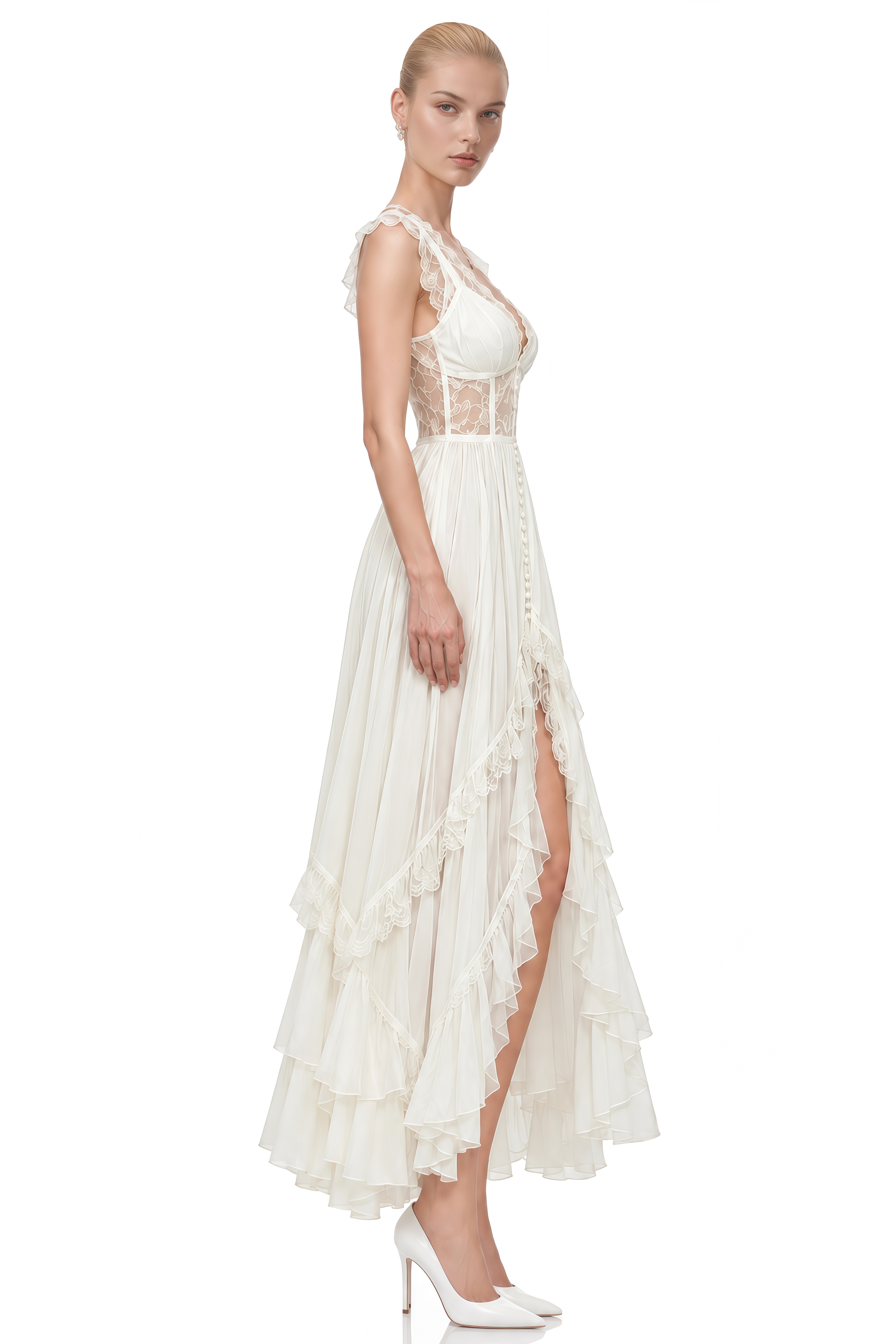Mimi Ivory Lace High-Low Hem Maxi Dress