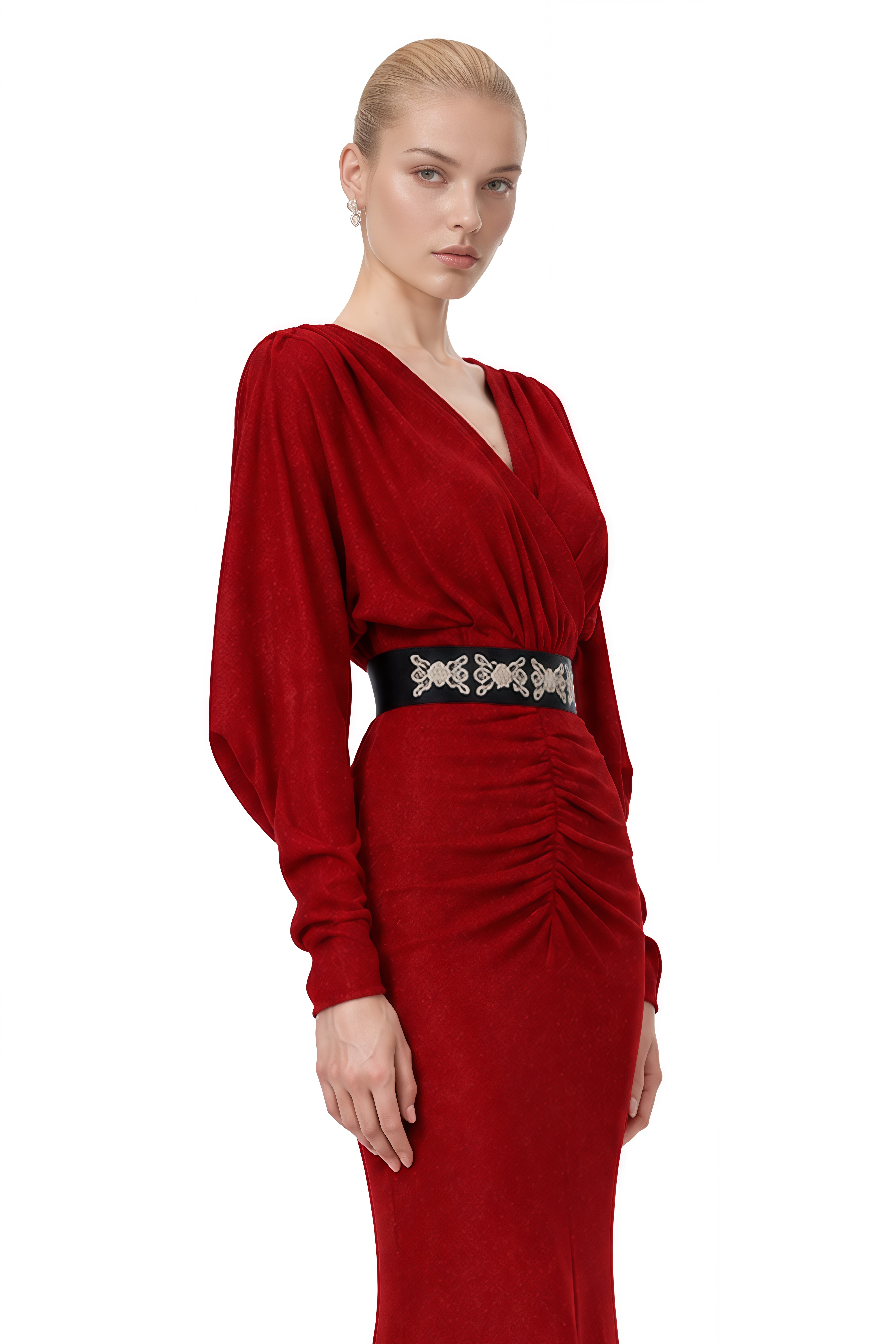 Genevieve Red Long Sleeves Ruched Maxi Dress