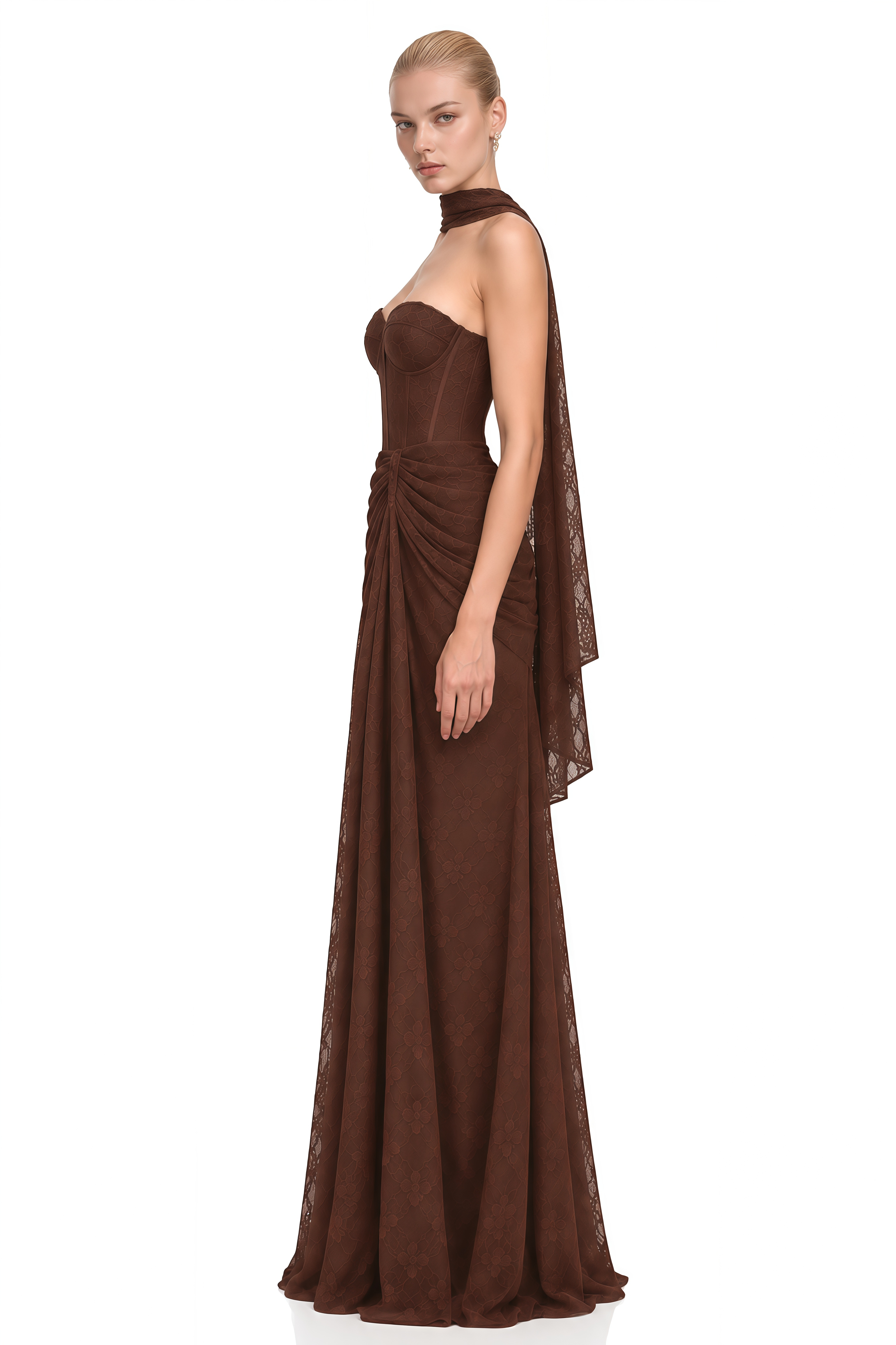 Adeline Brown Strapless Sweetheart Neck Maxi Dress