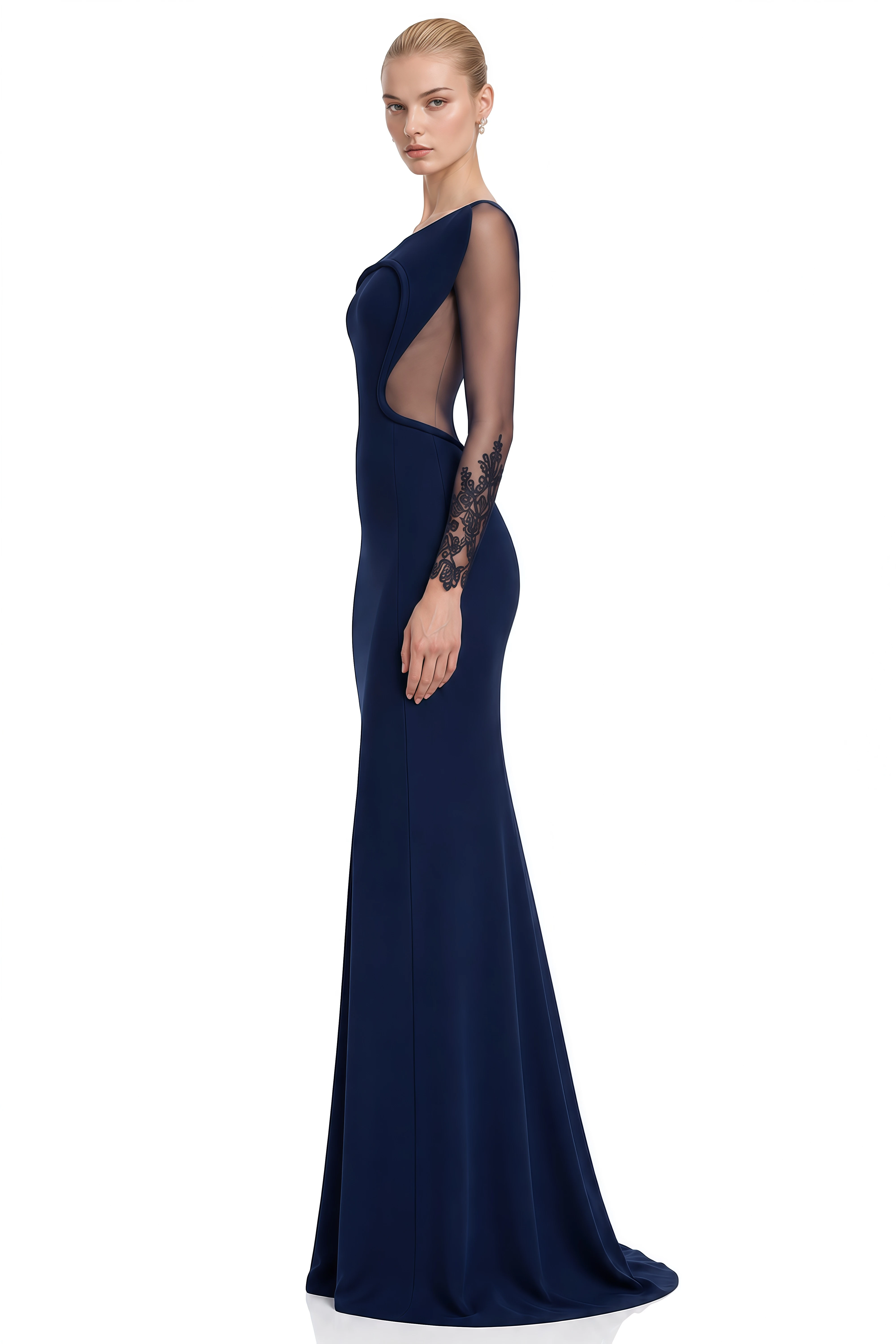 Anaïs Navy Sheer Sleeves Flared Maxi Dress