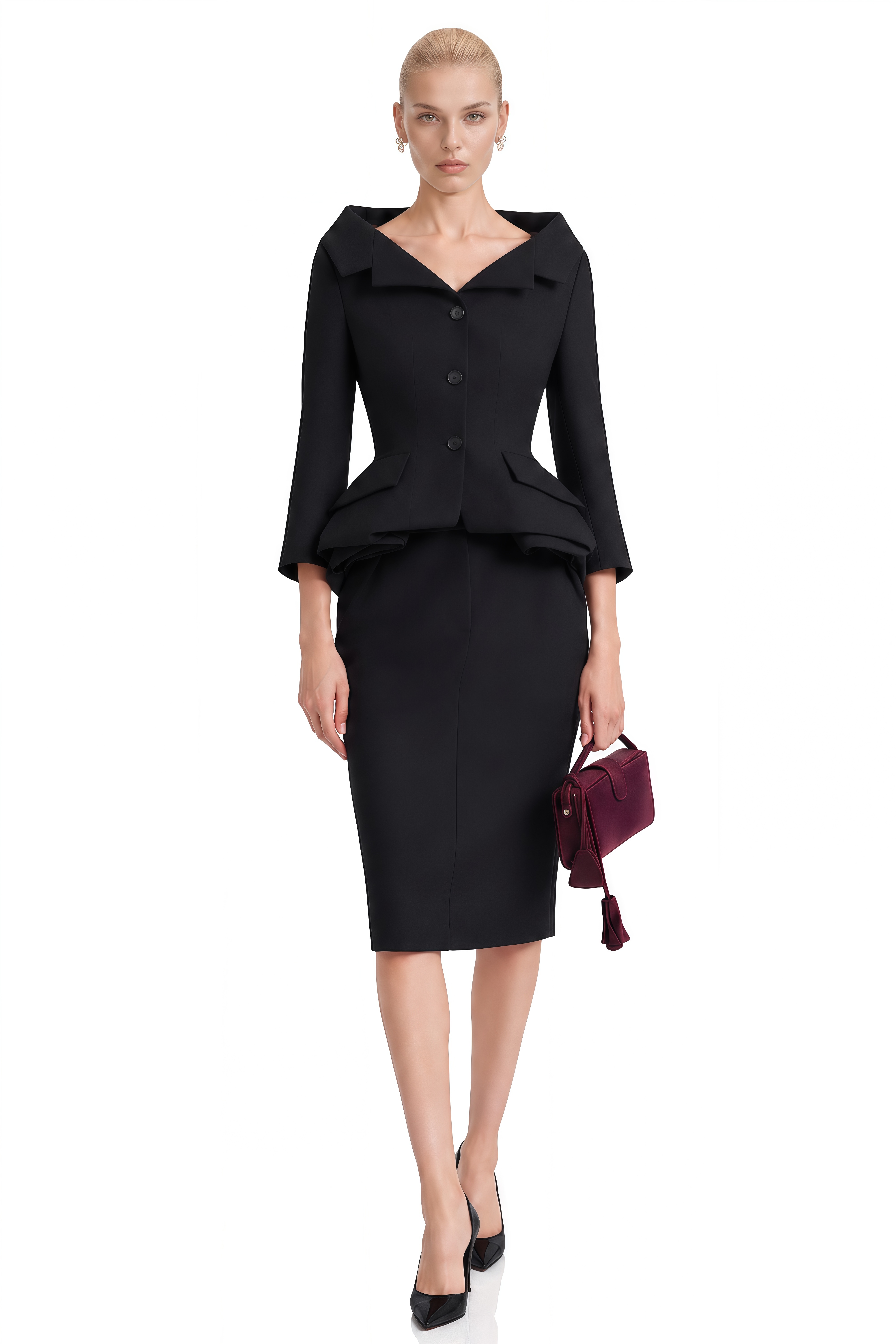 Coco Black Notched Lapel Ruffled Blazer & Skirt Set