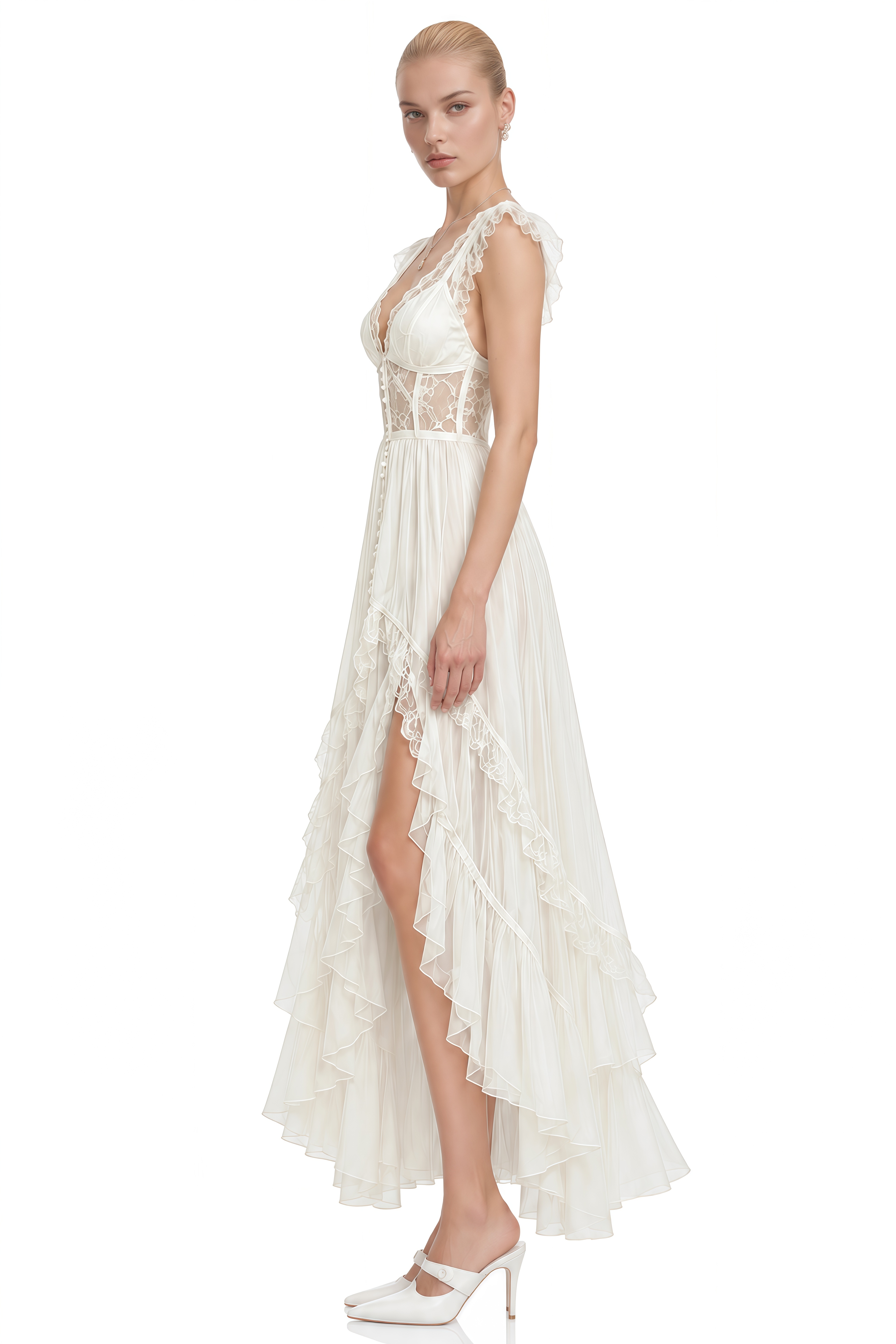 Mimi Ivory Lace High-Low Hem Maxi Dress