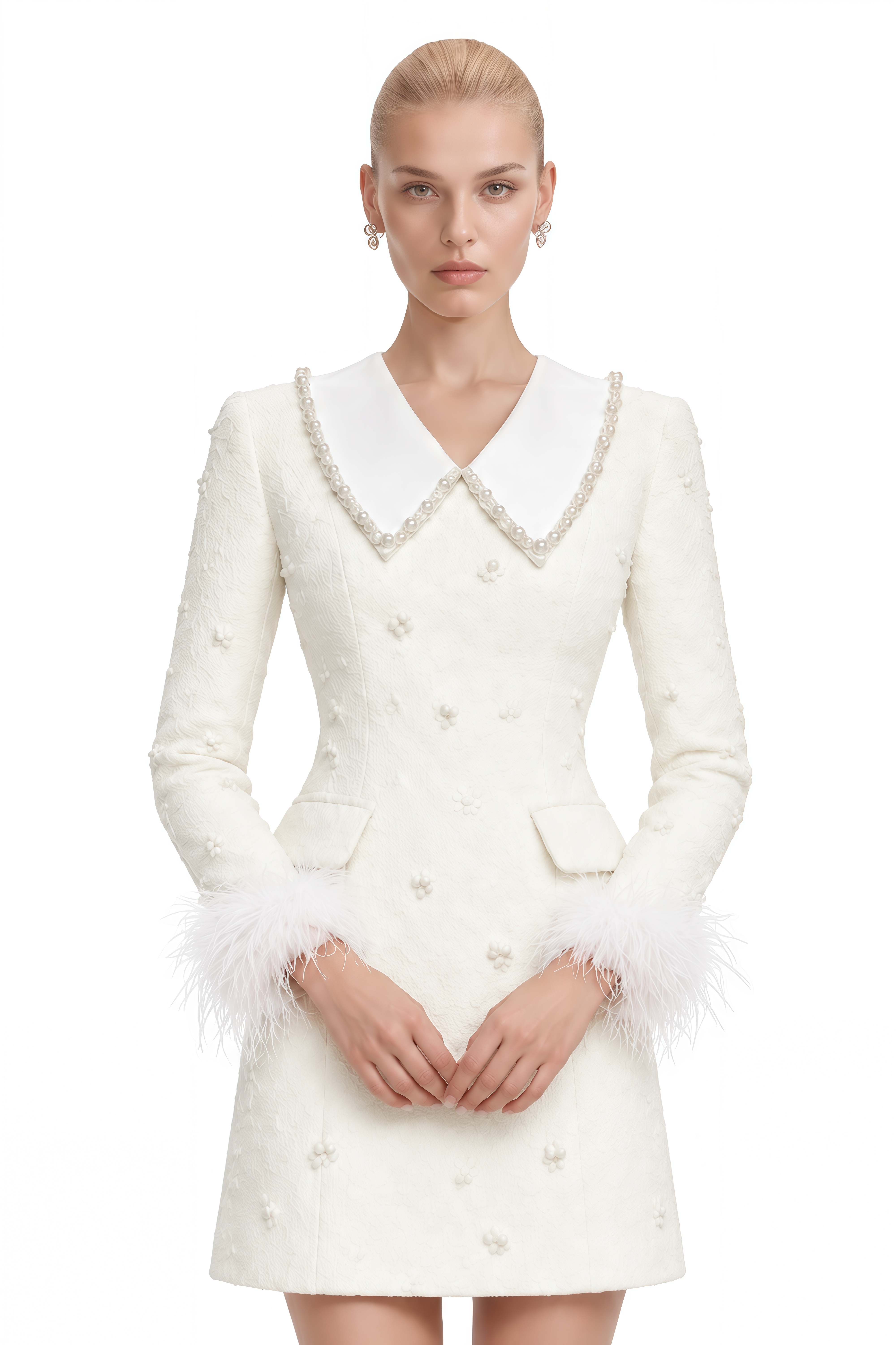 Aurelia White Long Sleeves Feather-Trim Mini Dress