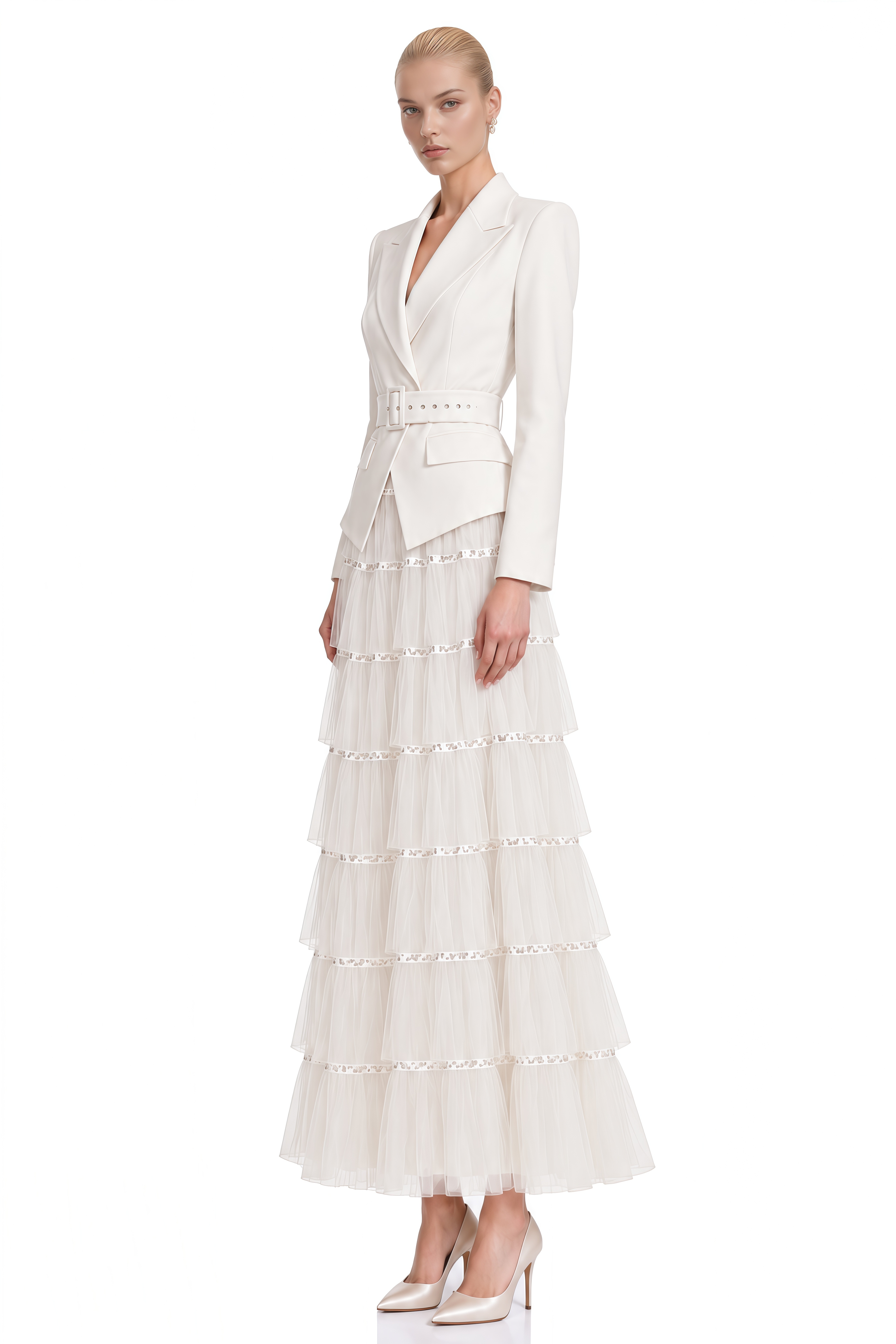 Delphine White Sequin Belted Maxi Dress