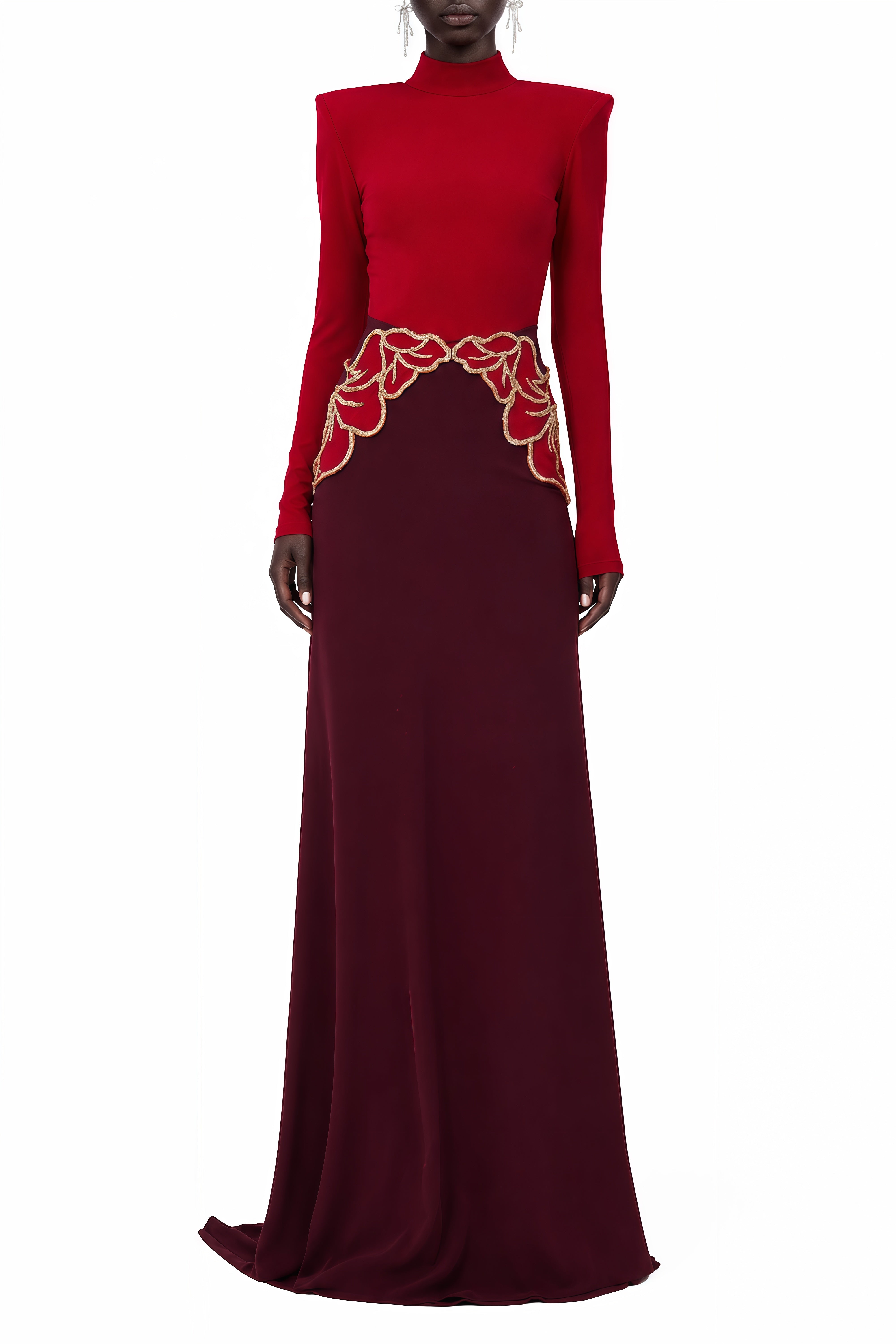 Beatrice Red Turtleneck Floral Embellished Maxi Dress