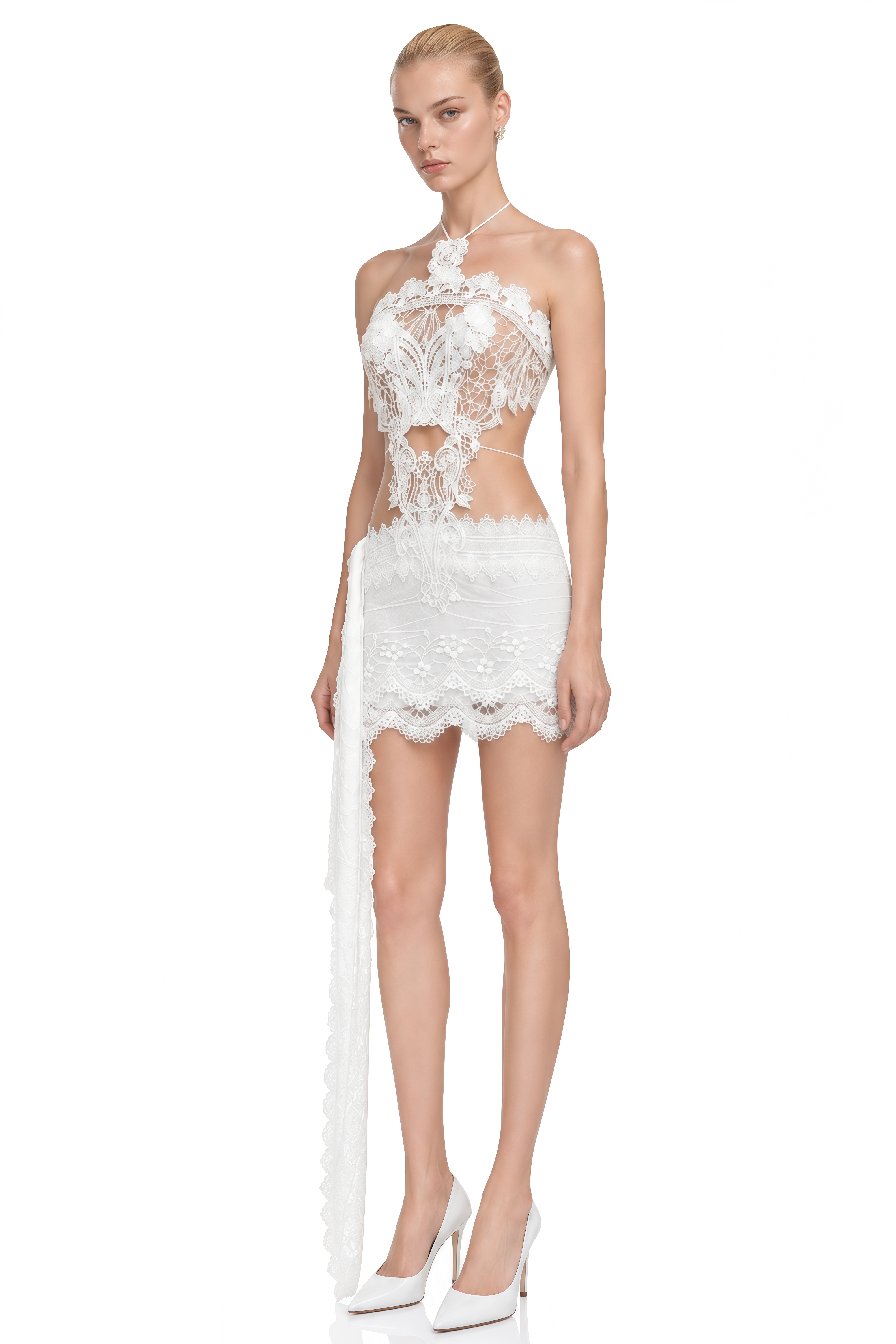 Daphne White Halterneck Lace Top & Skirt Set