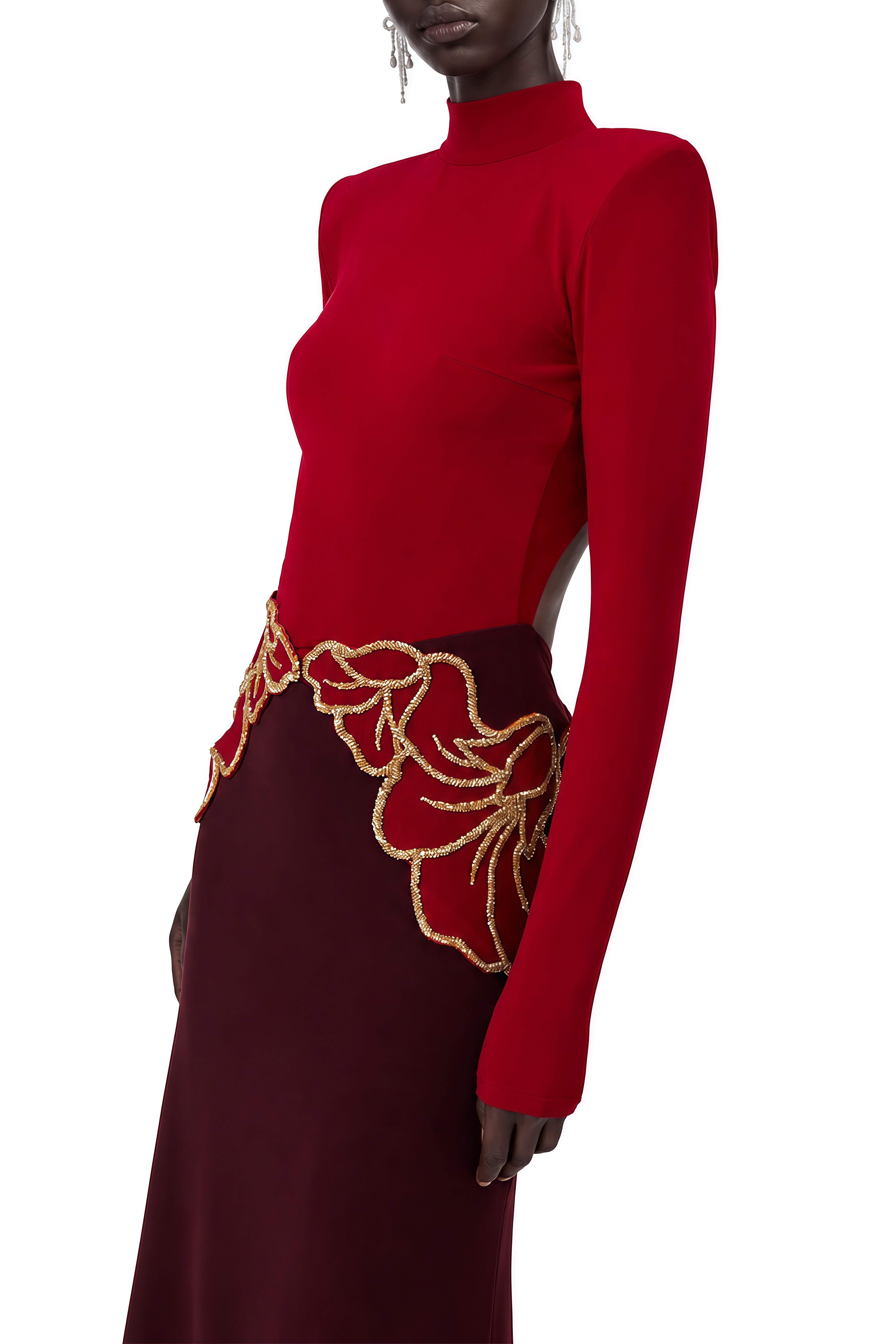 Beatrice Red Turtleneck Floral Embellished Maxi Dress