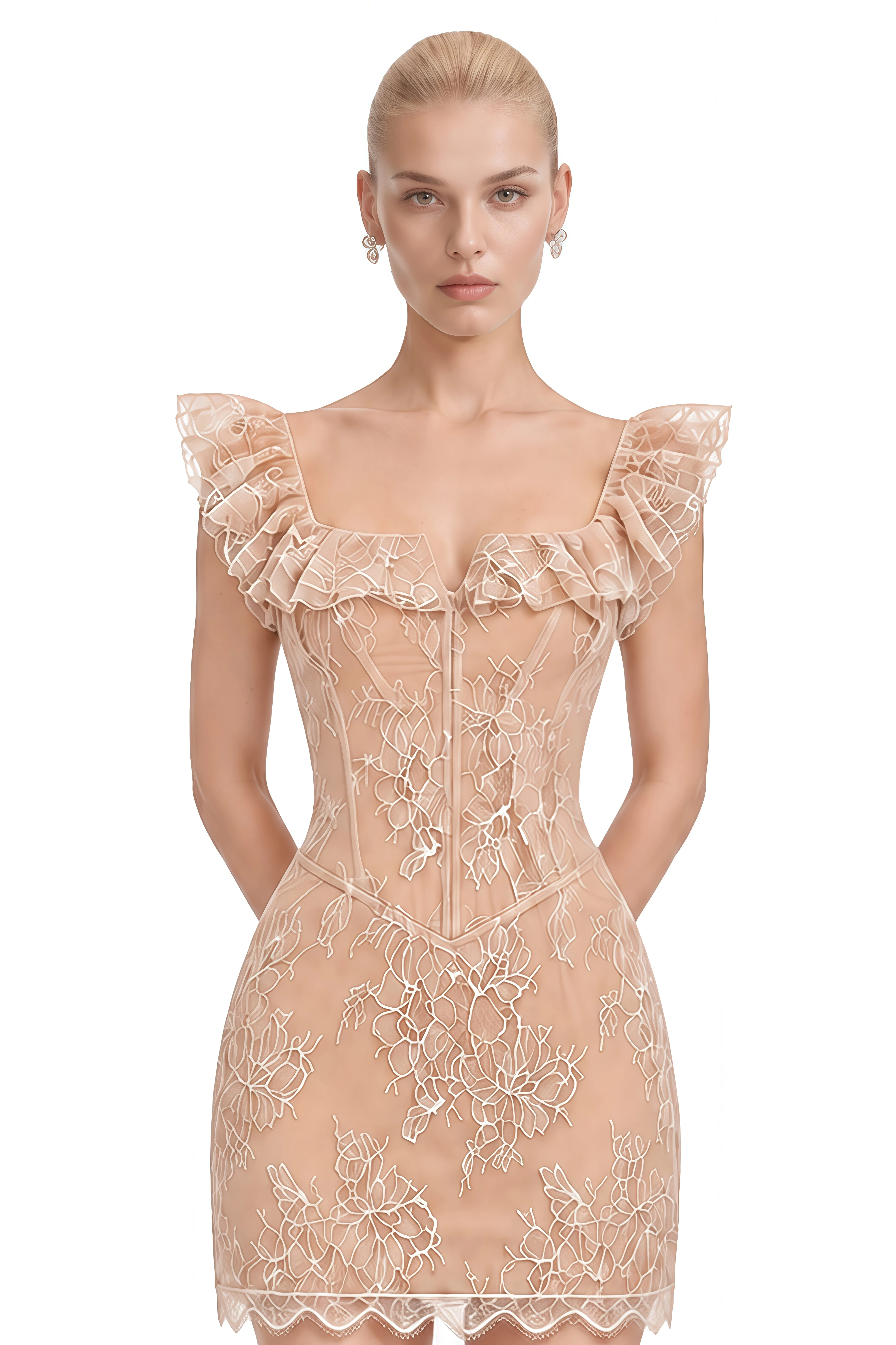 Esmée Neutral Square Neck Ruffled Mini Dress