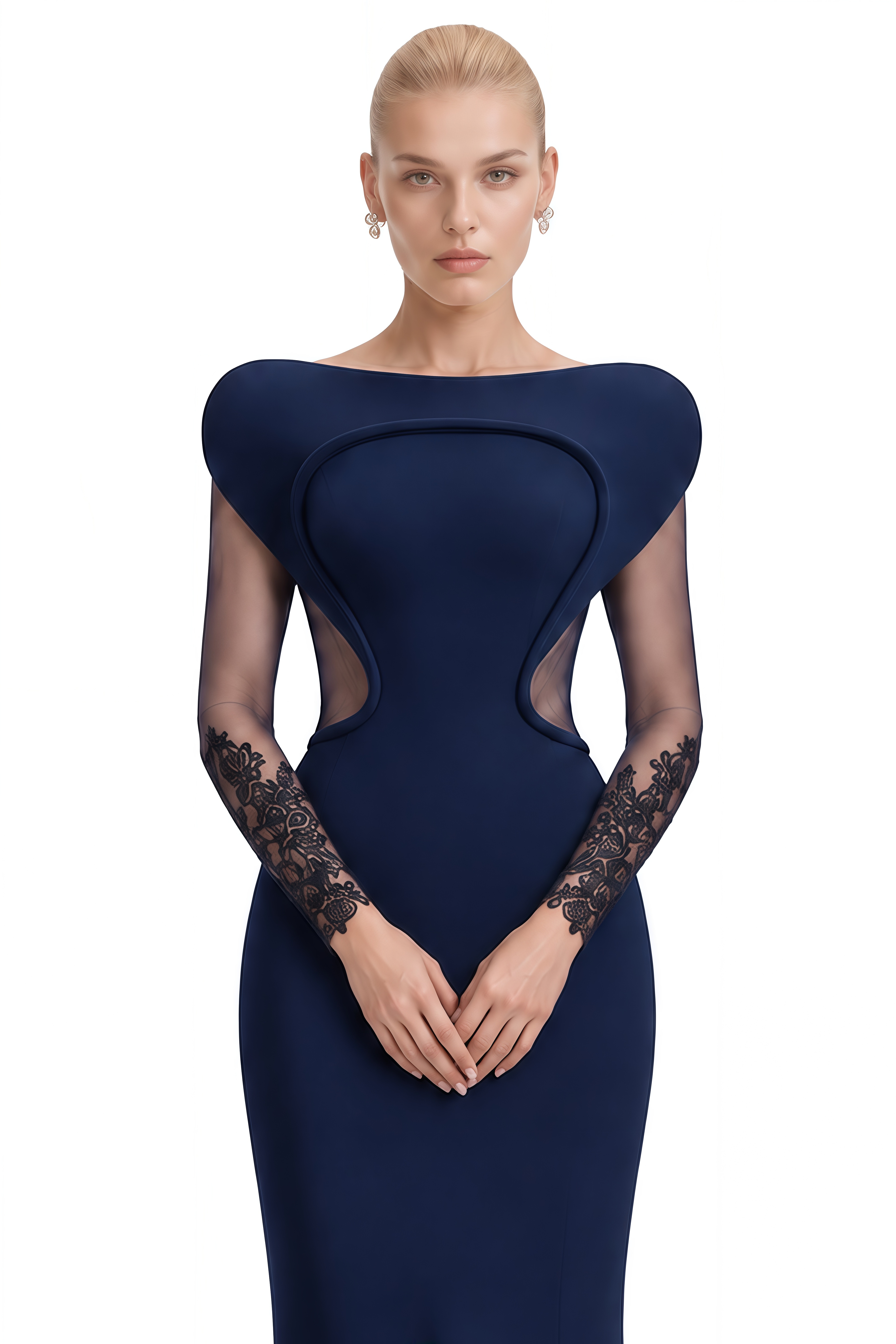 Anaïs Navy Sheer Sleeves Flared Maxi Dress