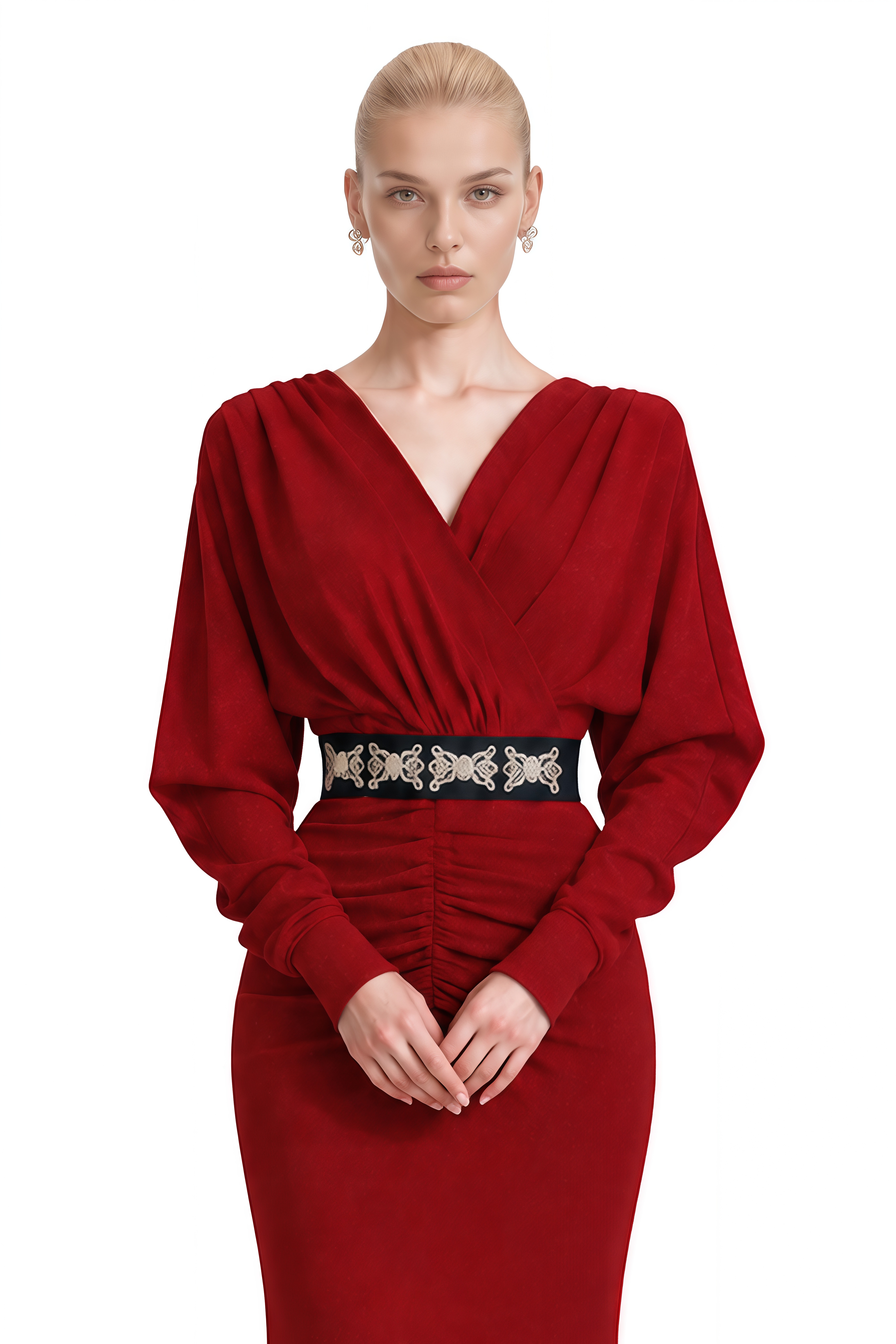 Genevieve Red Long Sleeves Ruched Maxi Dress