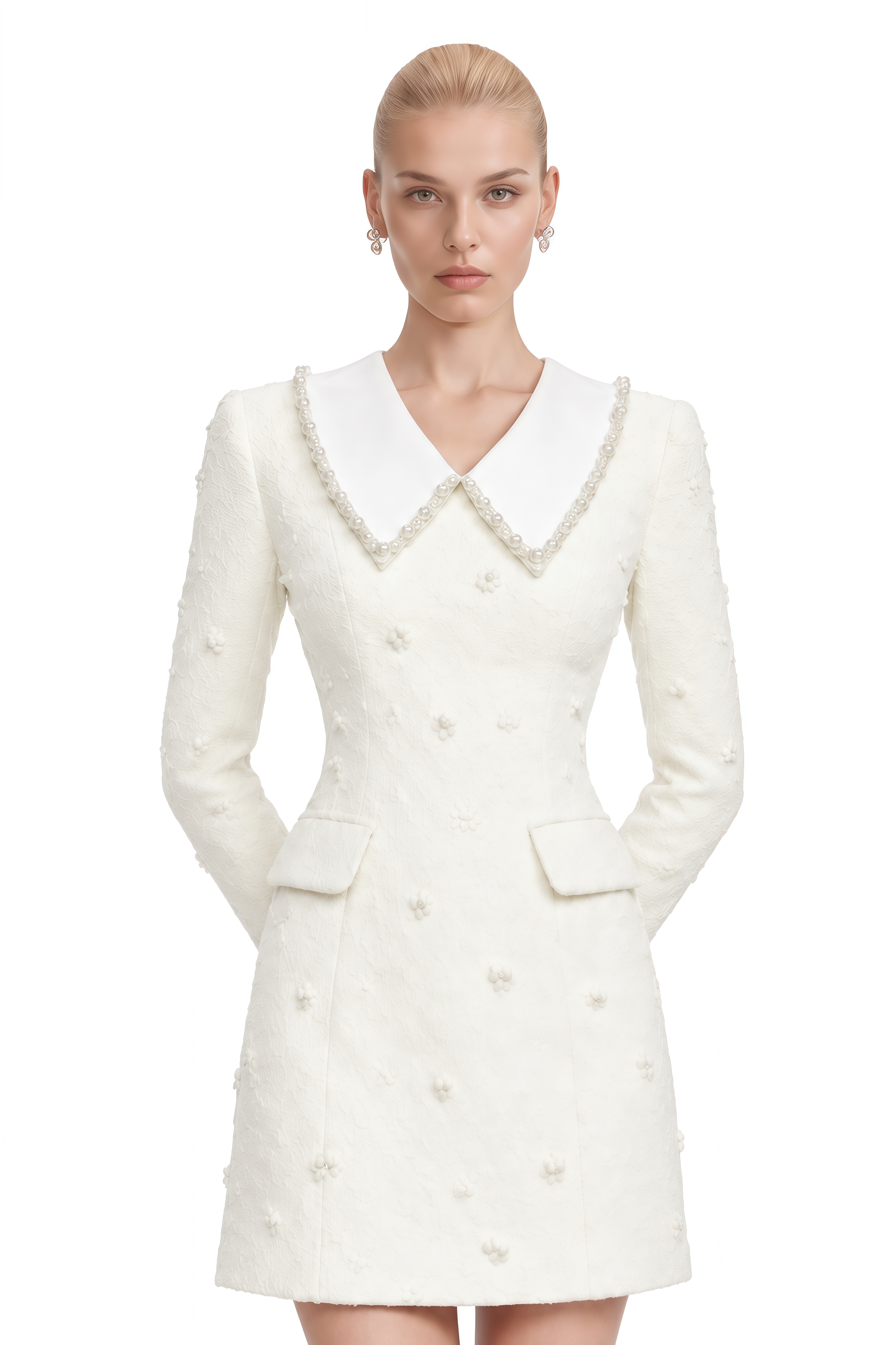 Aurelia White Long Sleeves Feather-Trim Mini Dress