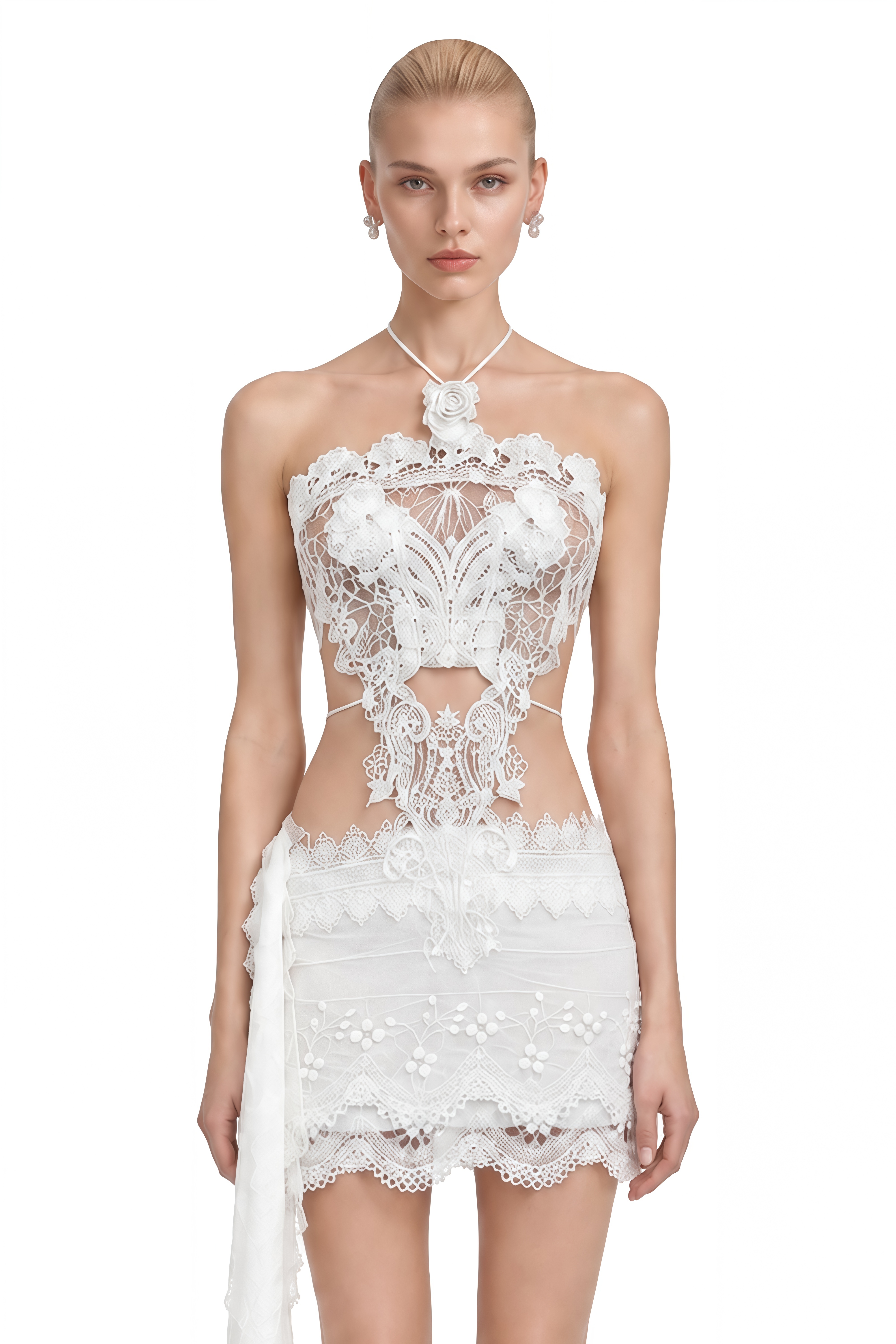 Daphne White Halterneck Lace Top & Skirt Set