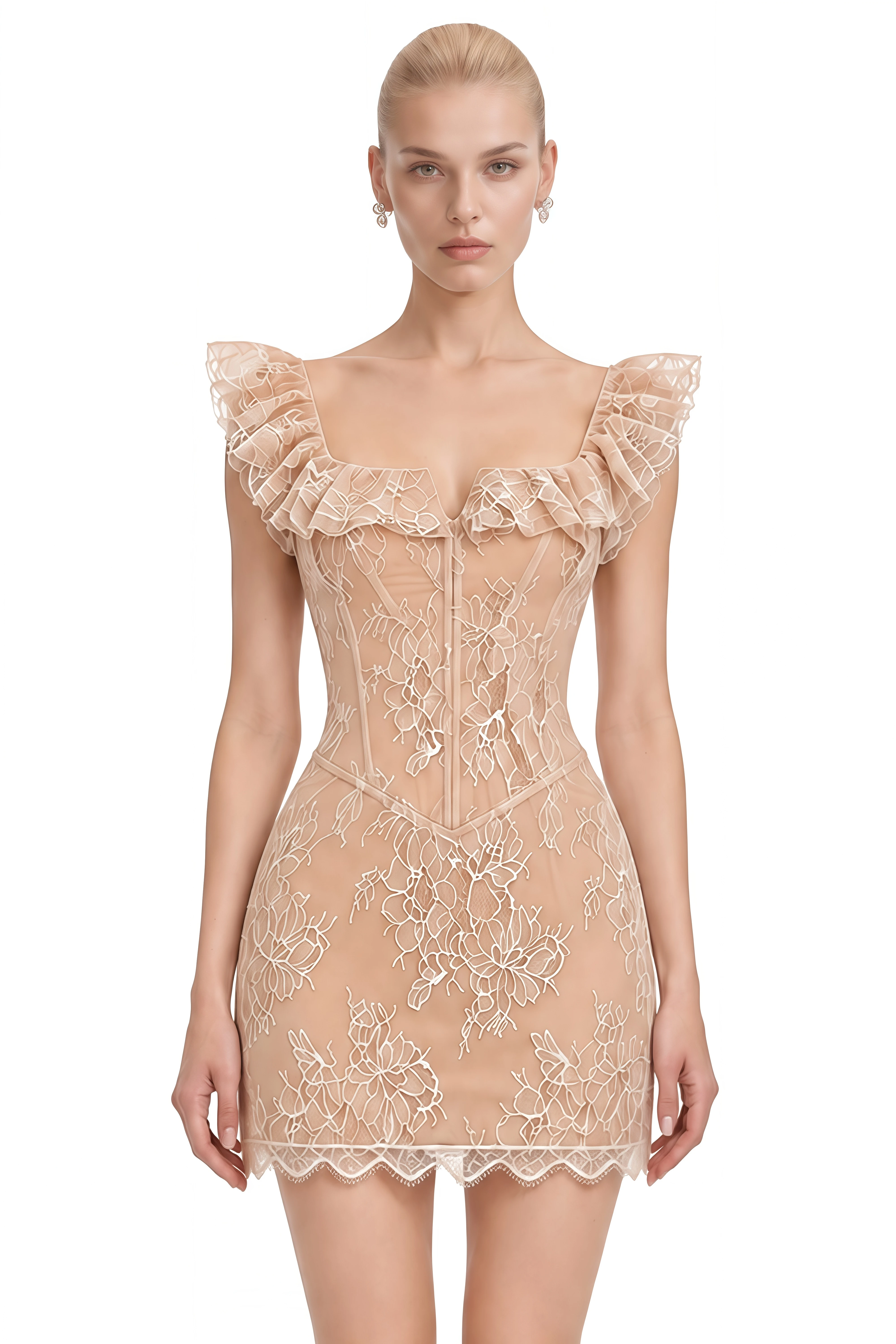 Esmée Neutral Square Neck Ruffled Mini Dress