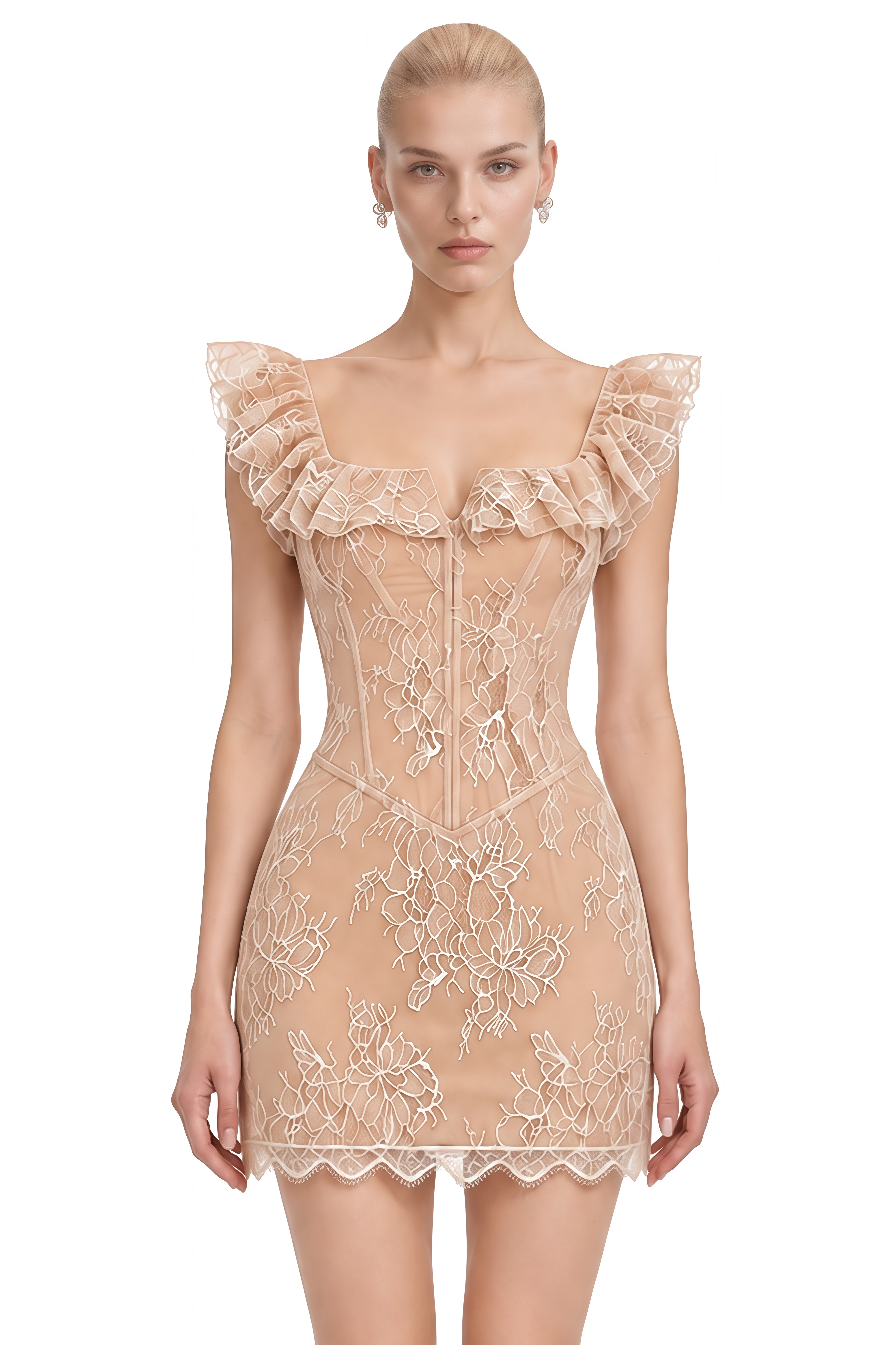 Esmée Neutral Square Neck Ruffled Mini Dress