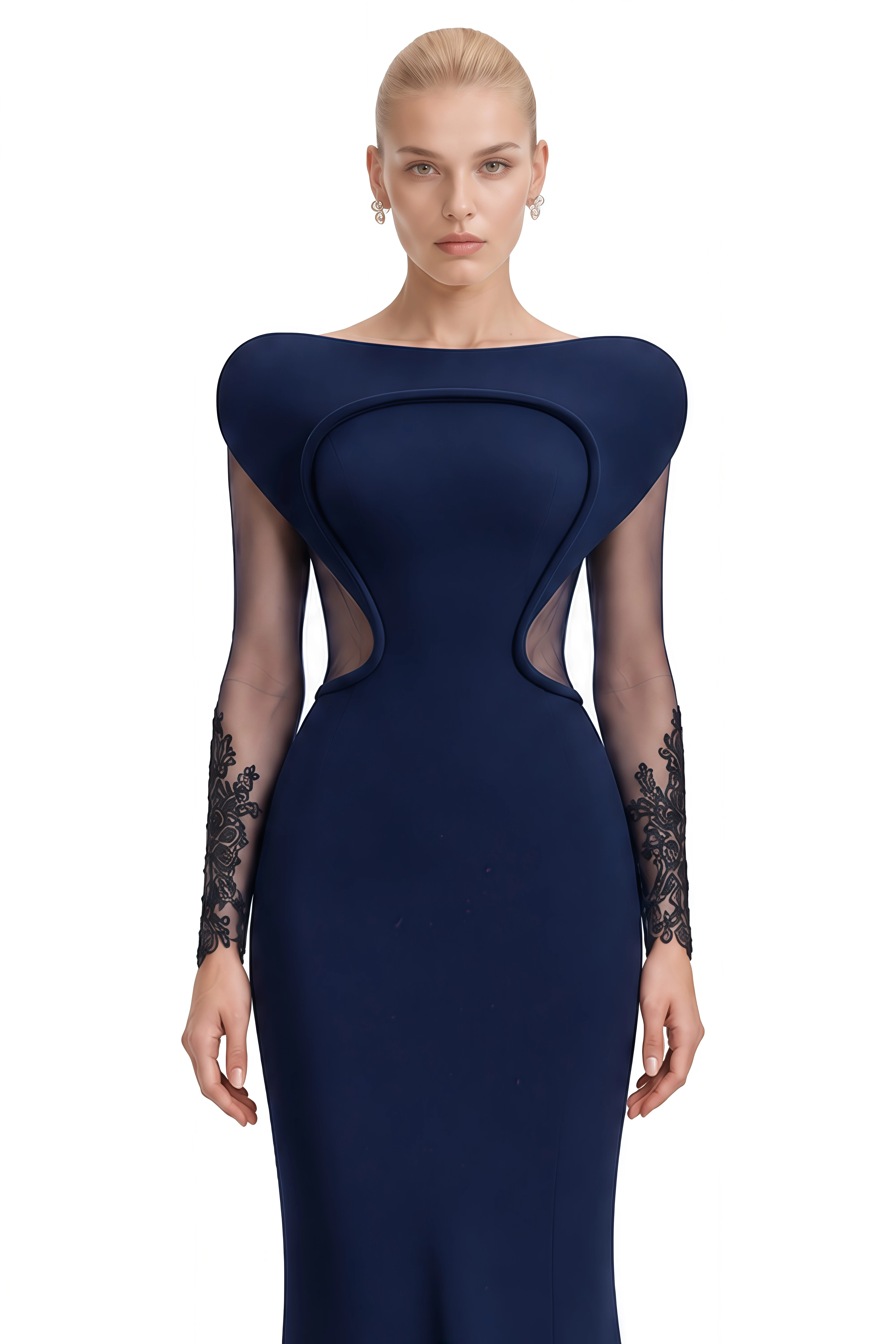 Anaïs Navy Sheer Sleeves Flared Maxi Dress