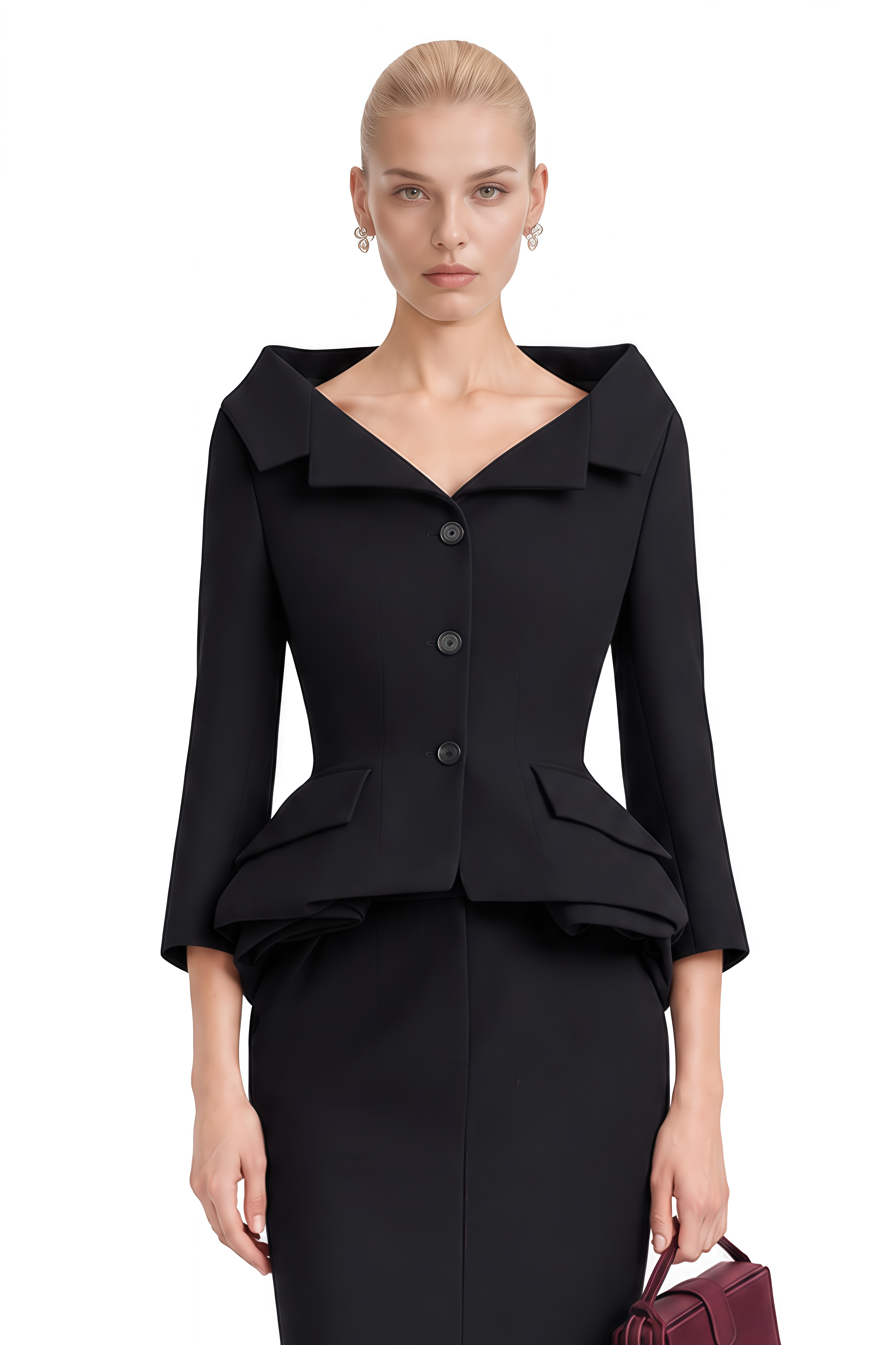 Coco Black Notched Lapel Ruffled Blazer & Skirt Set