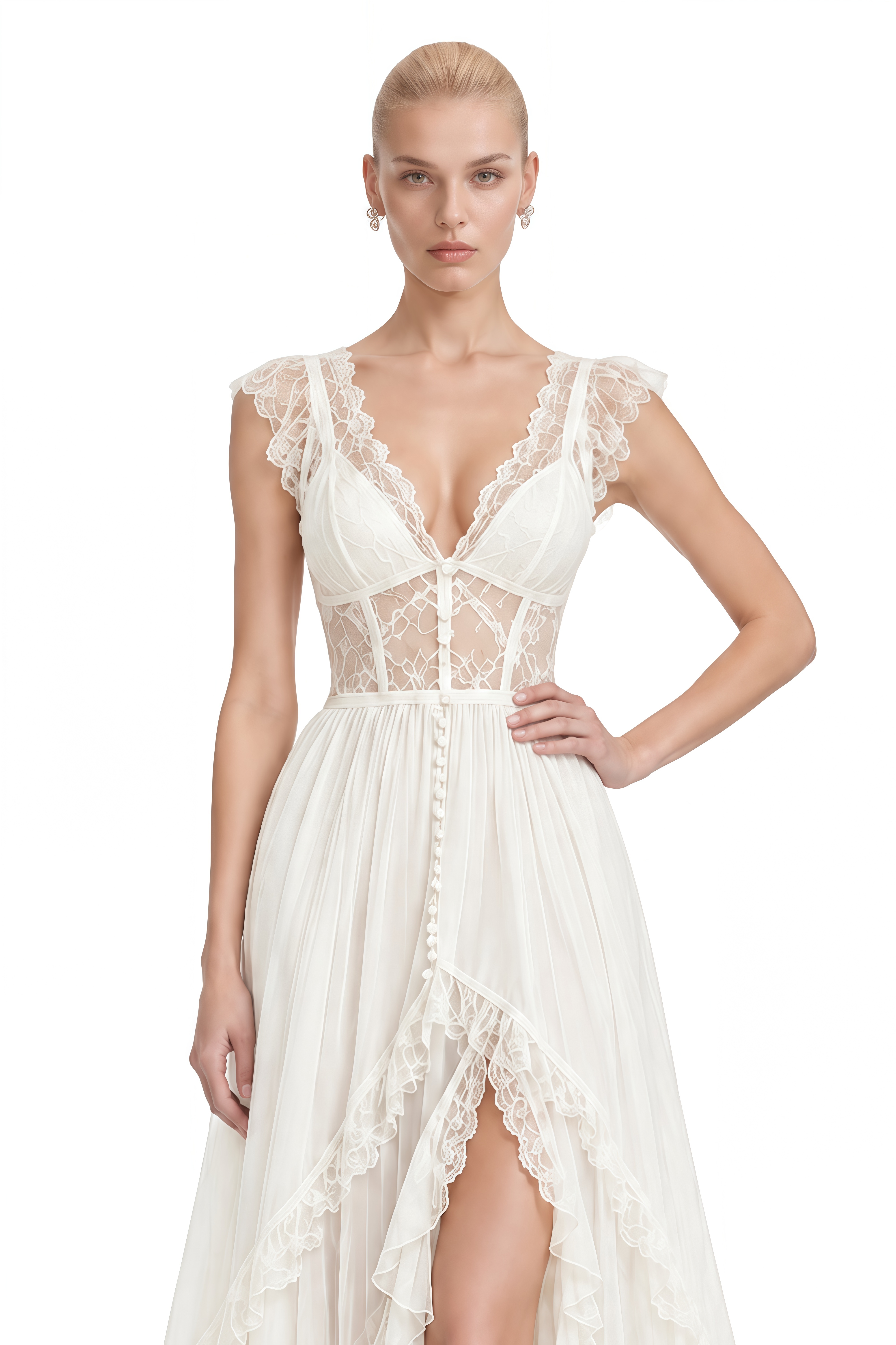 Mimi Ivory Lace High-Low Hem Maxi Dress