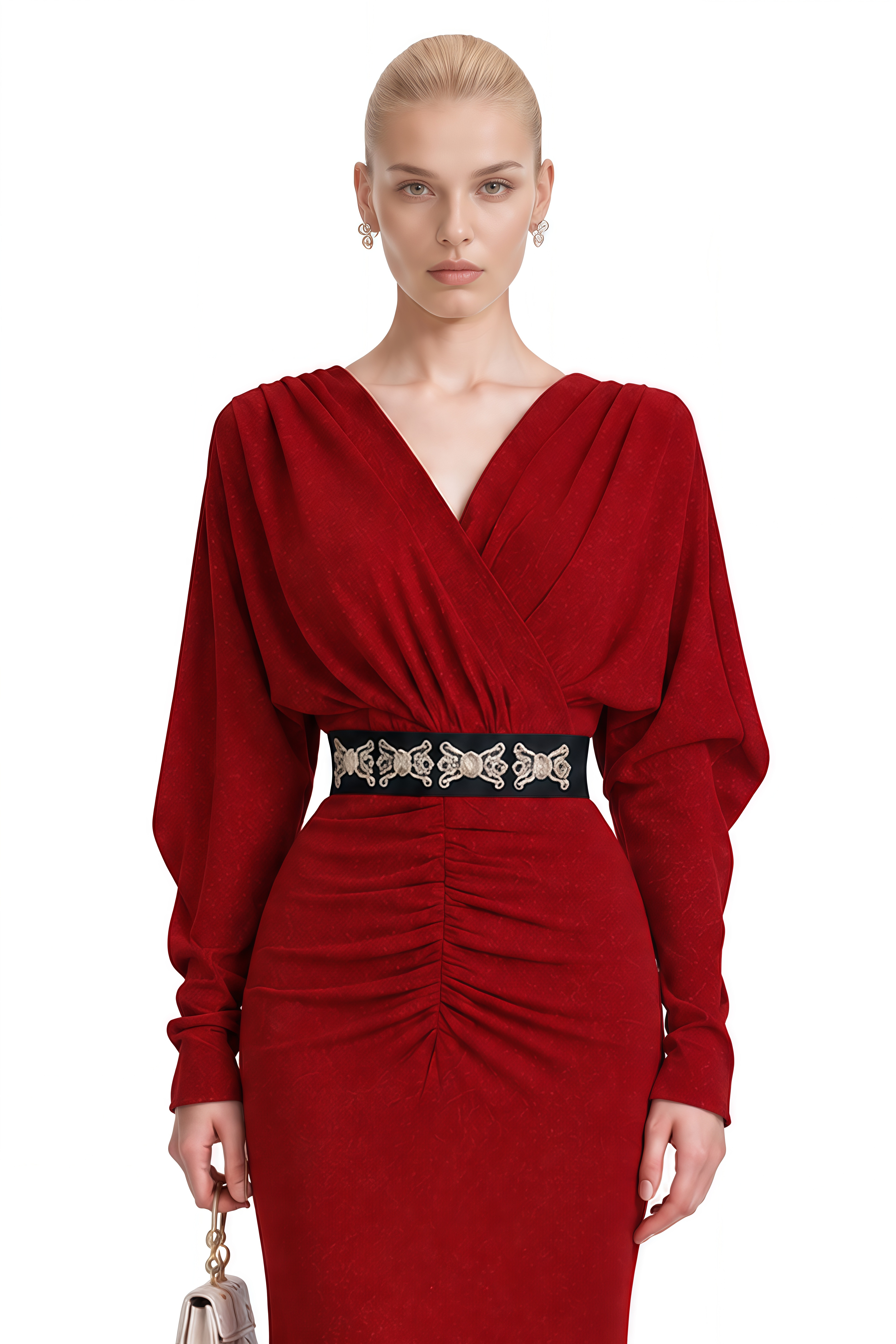 Genevieve Red Long Sleeves Ruched Maxi Dress