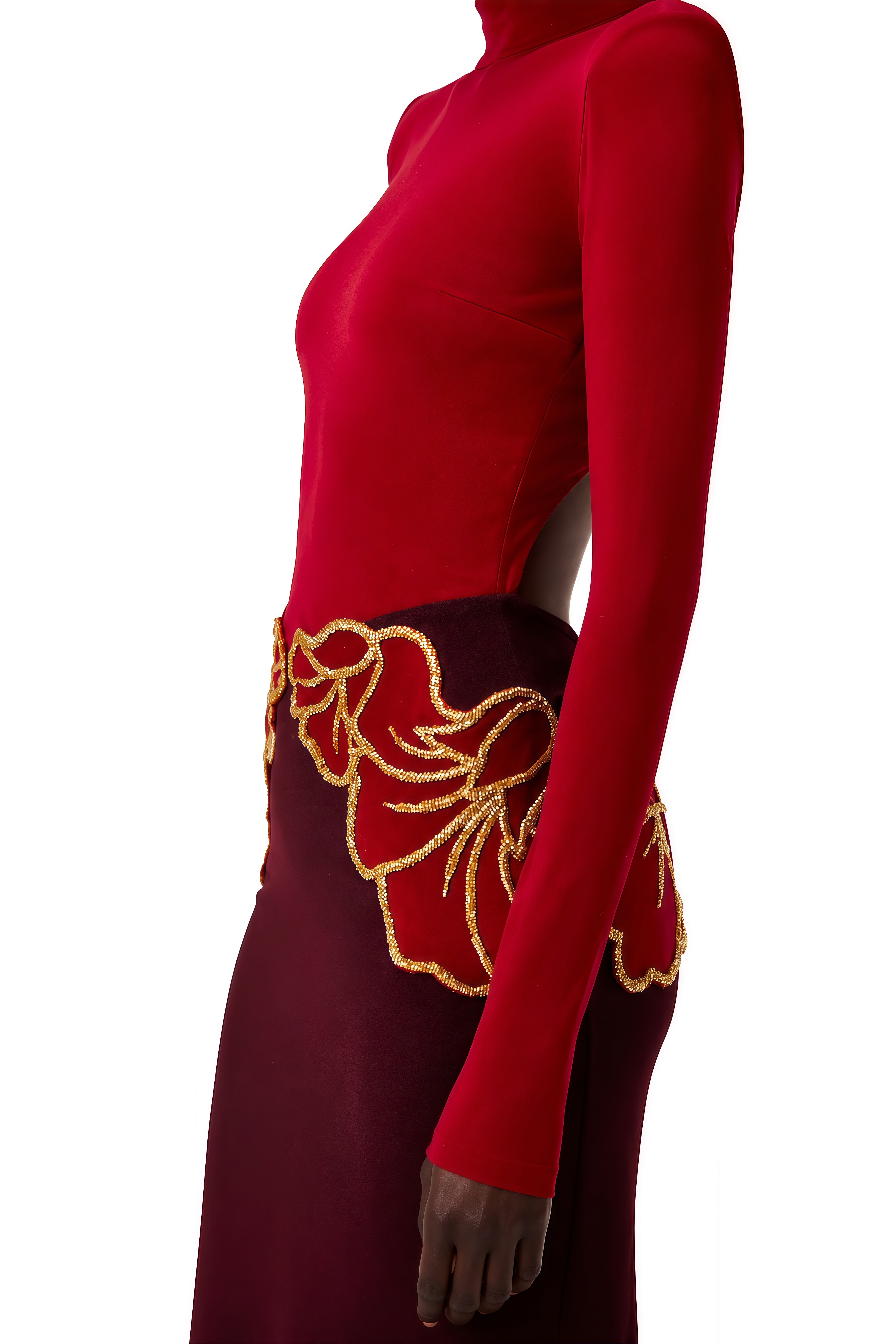 Beatrice Red Turtleneck Floral Embellished Maxi Dress