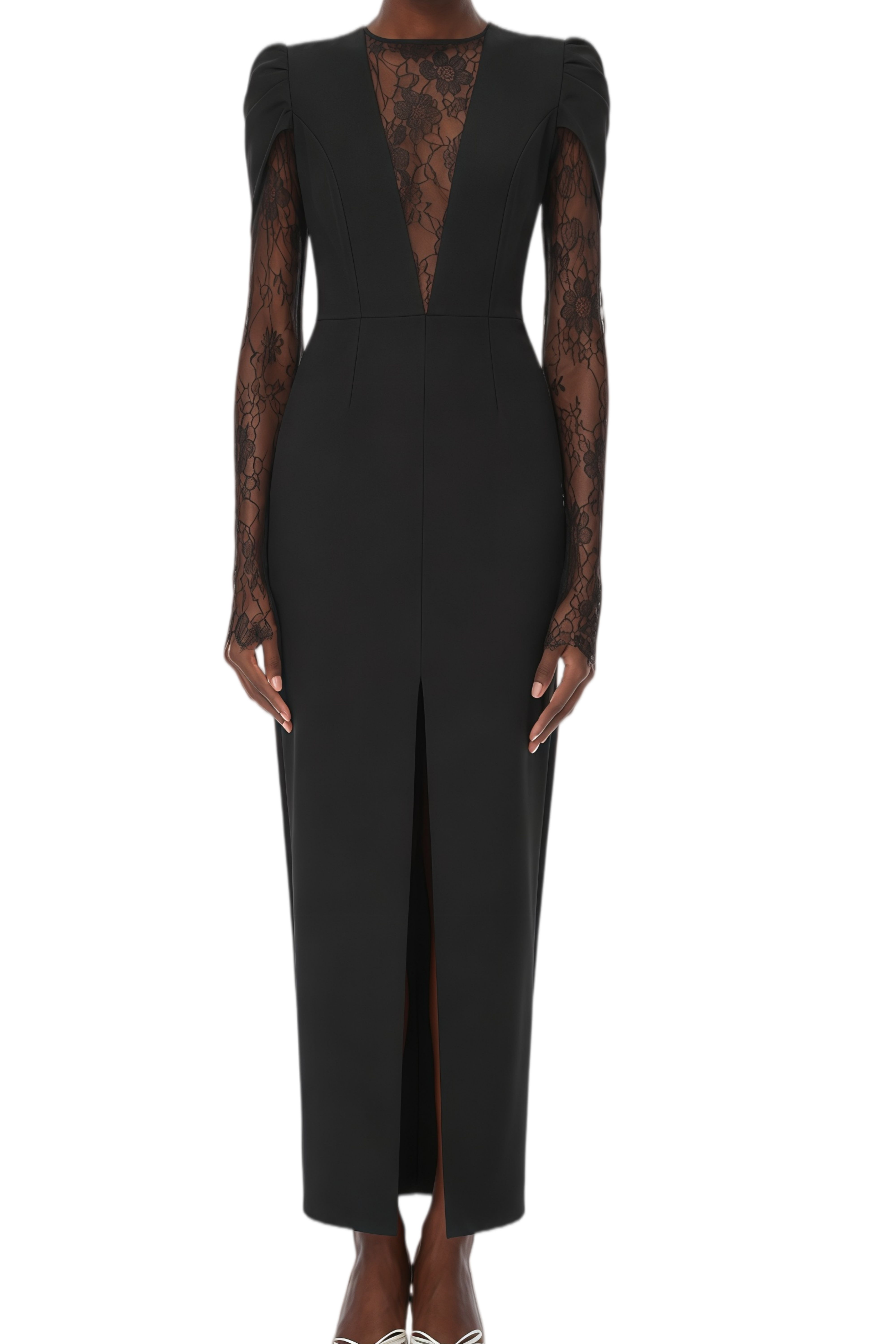 Constance Black High Slit Lace Panel Midi Dress
